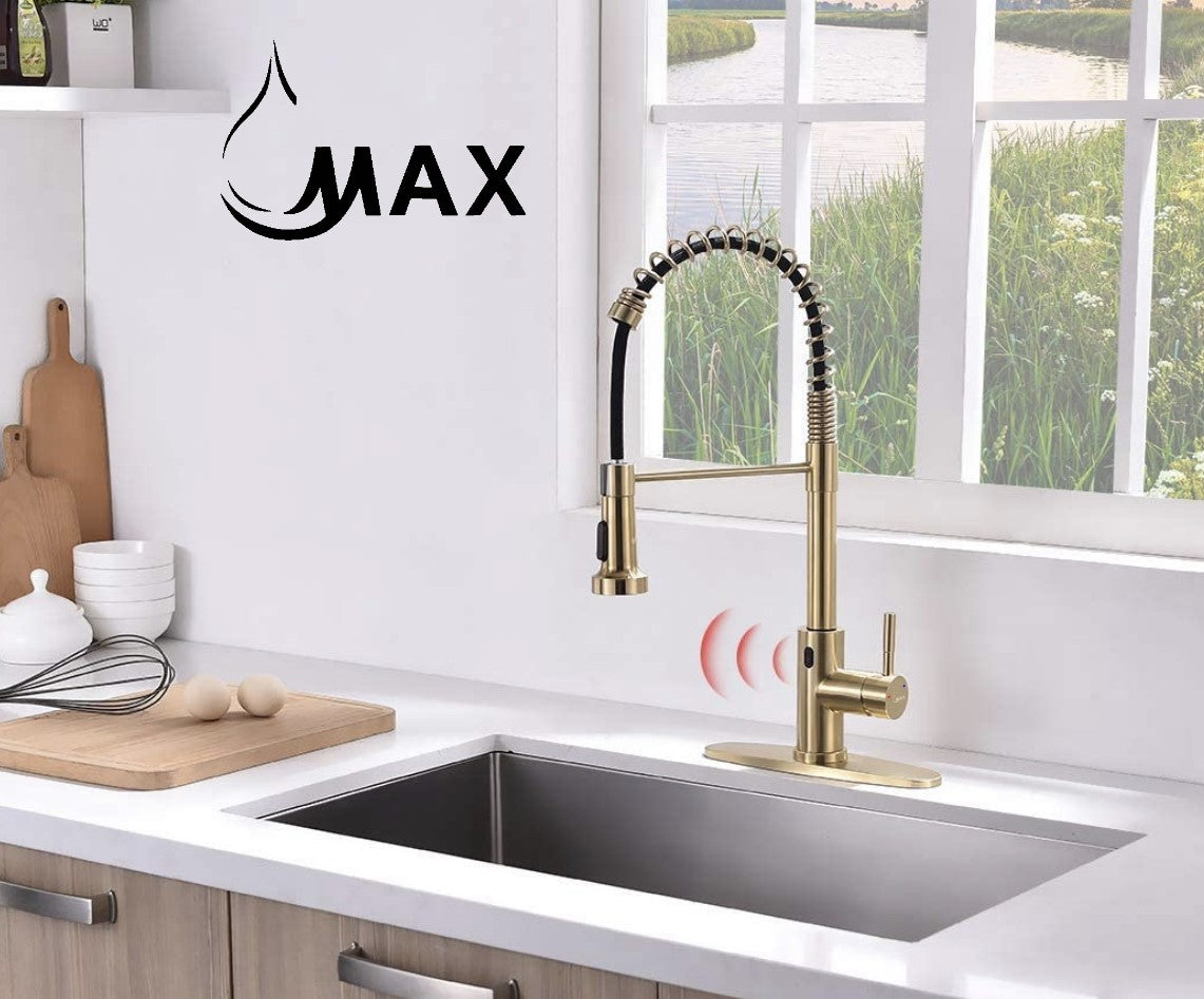 Smart Touch-Less Kitchen Faucet Pull-Out Spring Spout 20" Brushed Gold Finish