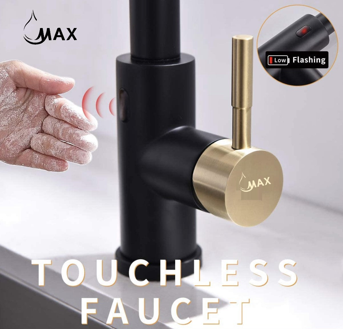 Smart Touch-Less Kitchen Faucet Pull-Out Spring Spout 20" Matte Black, Brushed Gold Finish