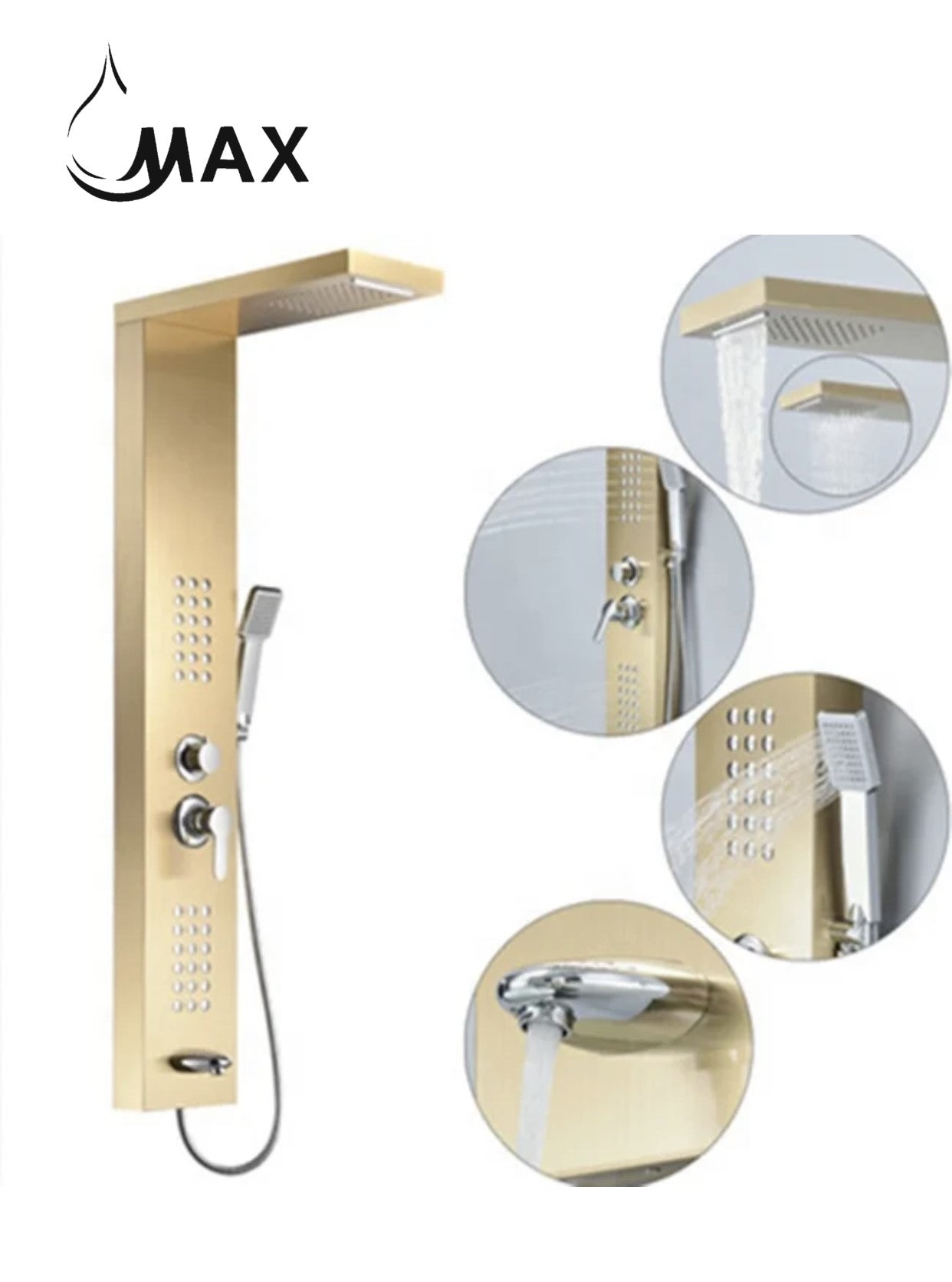 Waterfall Shower Panel System with 2 Massage Jets and Handheld Brushed Gold