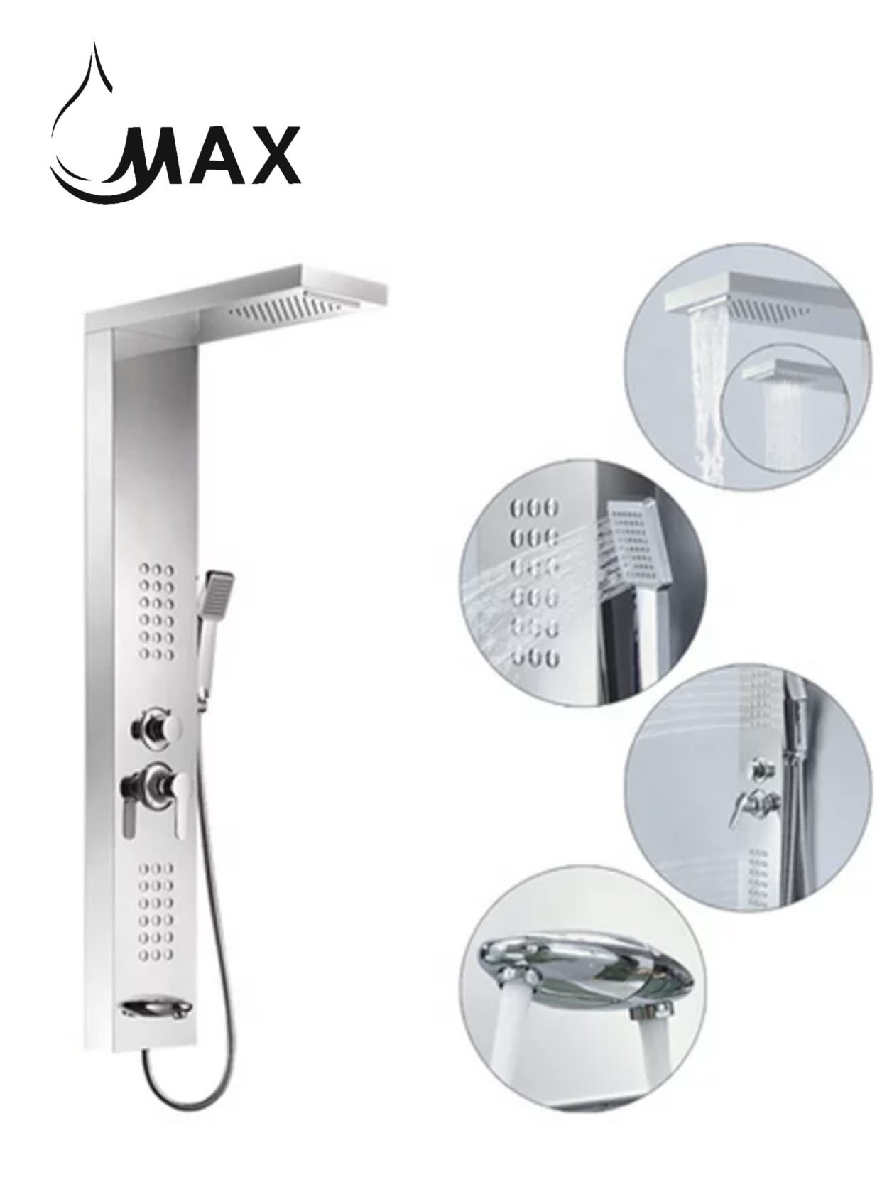 Waterfall Shower Panel System with 2 Massage Jets and Handheld Brushed Nickel