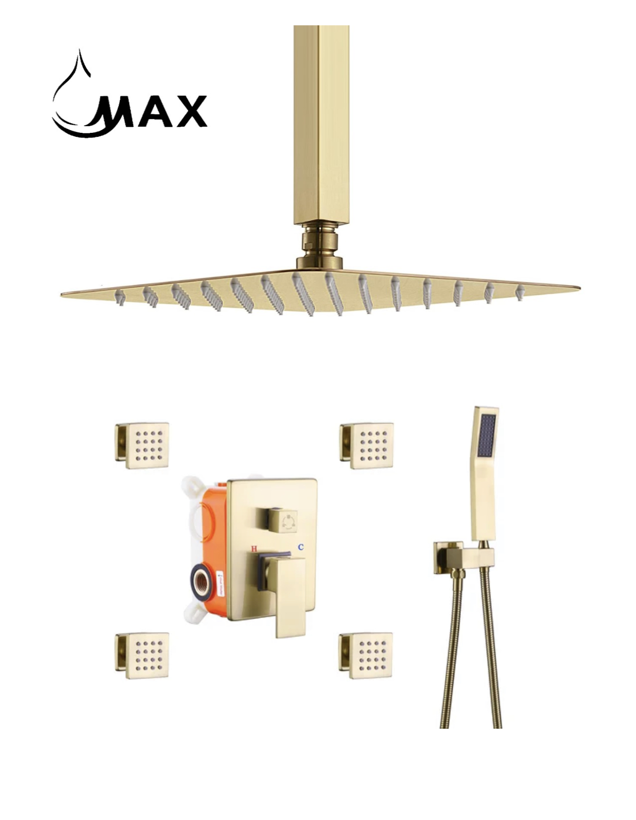 Shower System Set Three Functions With 4 Body Jets Brushed Gold Finish