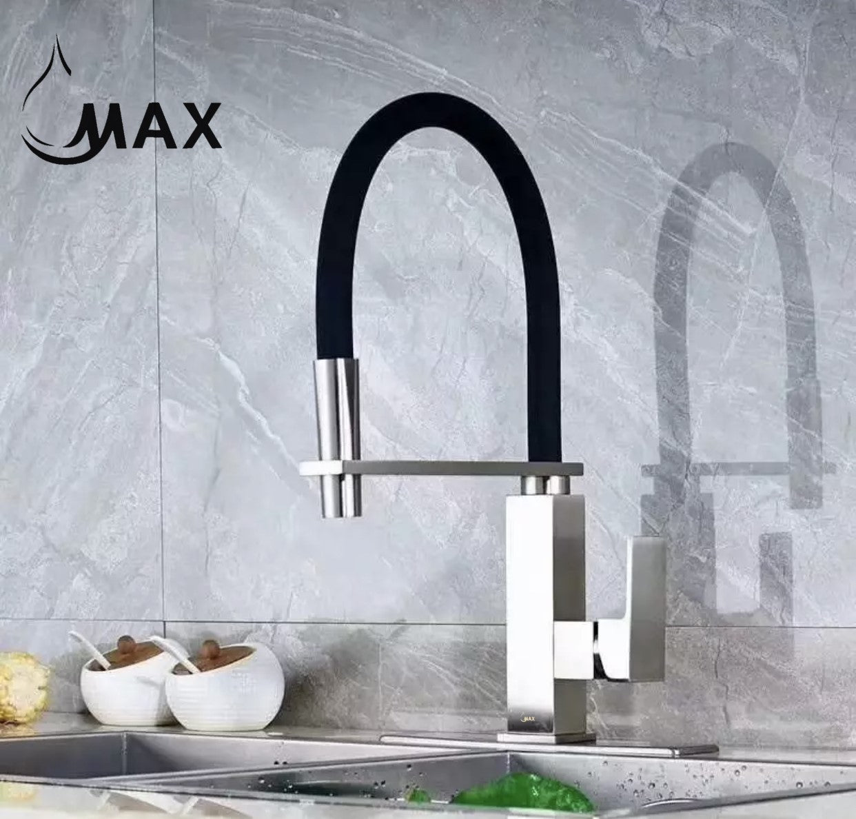 Pull-Down Rubber Flexible Kitchen Faucet 18" Brushed Nickel / Matte Black Rubber Finish