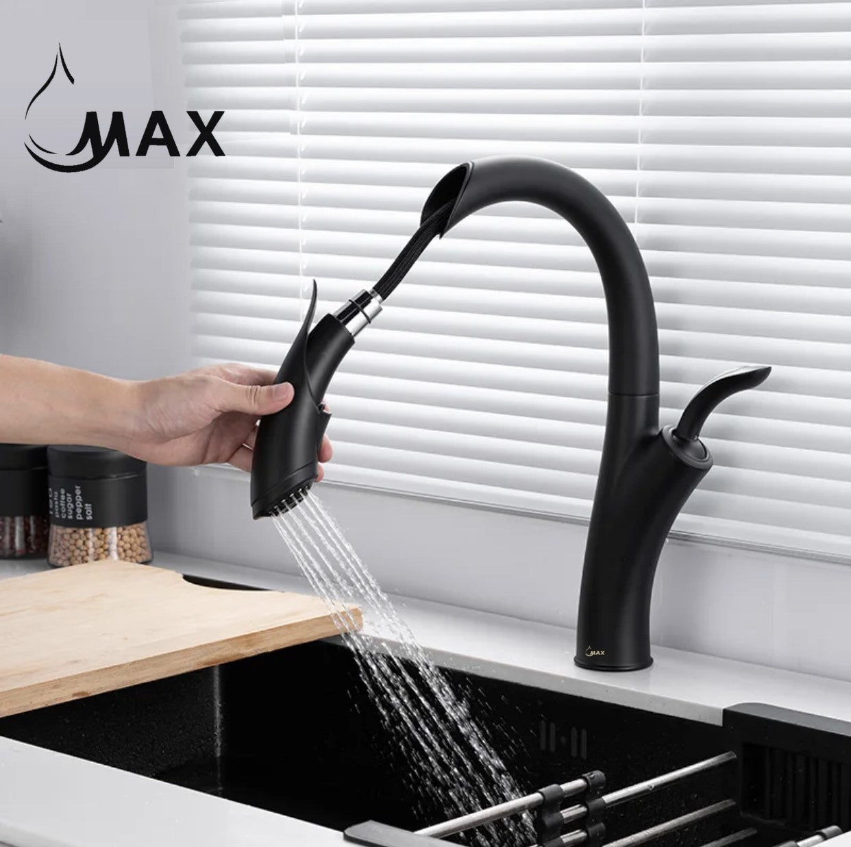 Gooseneck Single Handle Pull-Out Kitchen Faucet 15" Matte Black Finish