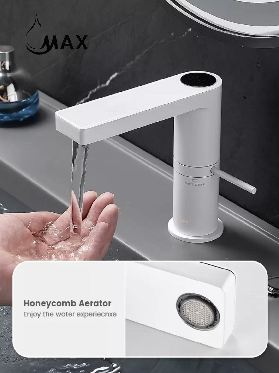 Smart Bathroom Faucet Digital Screen Side Handle White Finish
