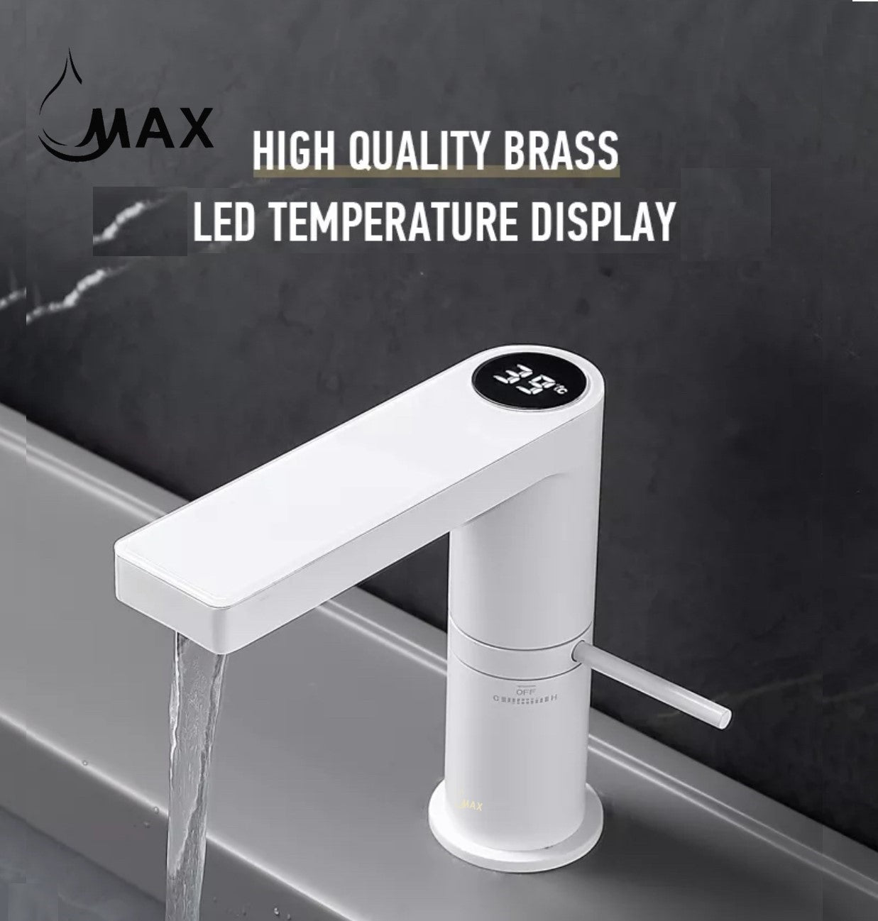 Smart Bathroom Faucet Digital Screen Side Handle White Finish