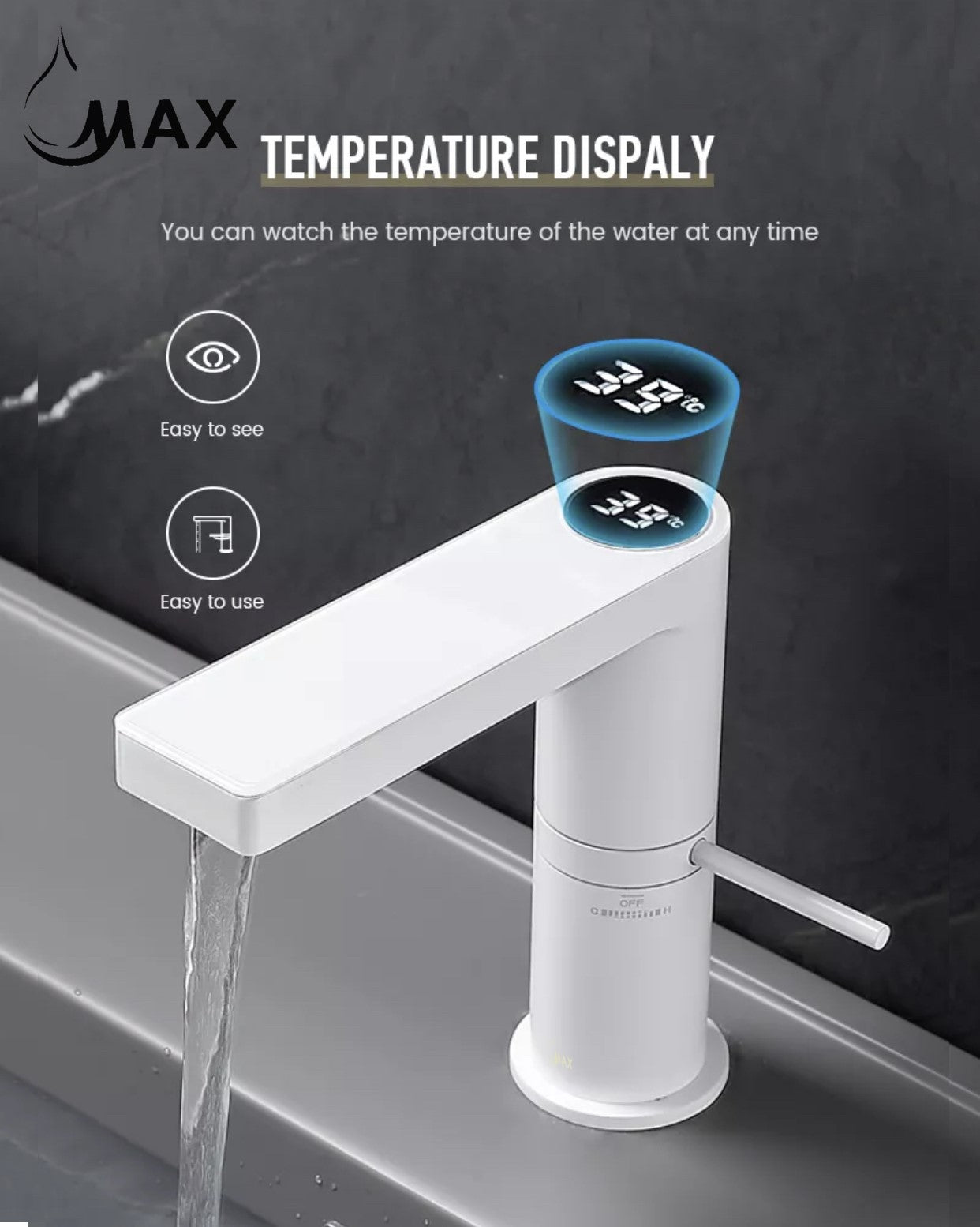 Smart Bathroom Faucet Digital Screen Side Handle White Finish