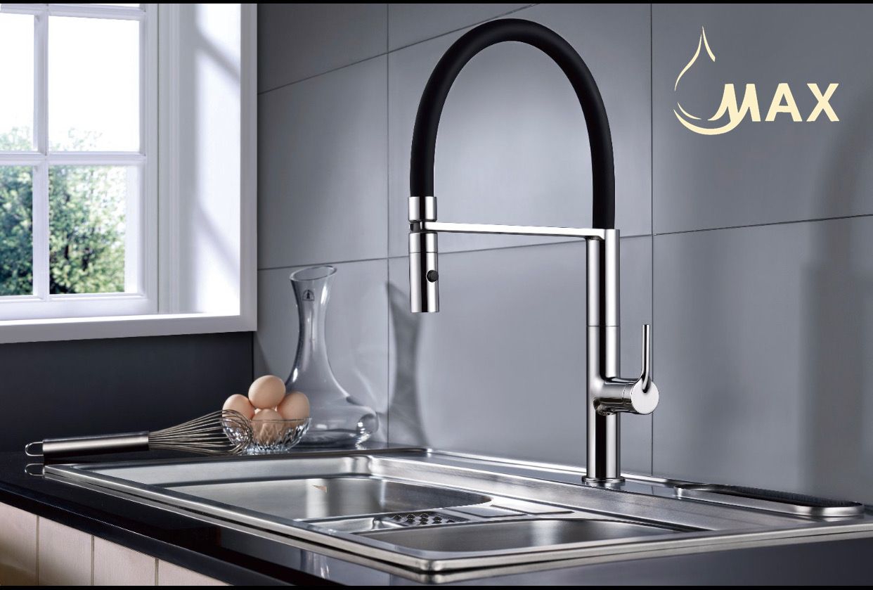 Flexible Pull-Down Kitchen Faucet 18" Chrome Finish,Matte Black Rubber