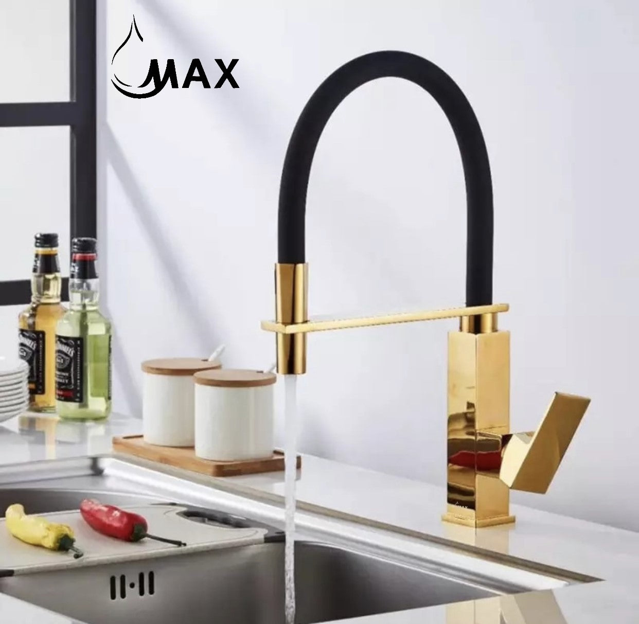 Pull-Down Rubber Flexible Kitchen Faucet 18" Shiny Gold / Matte Black Rubber Finish