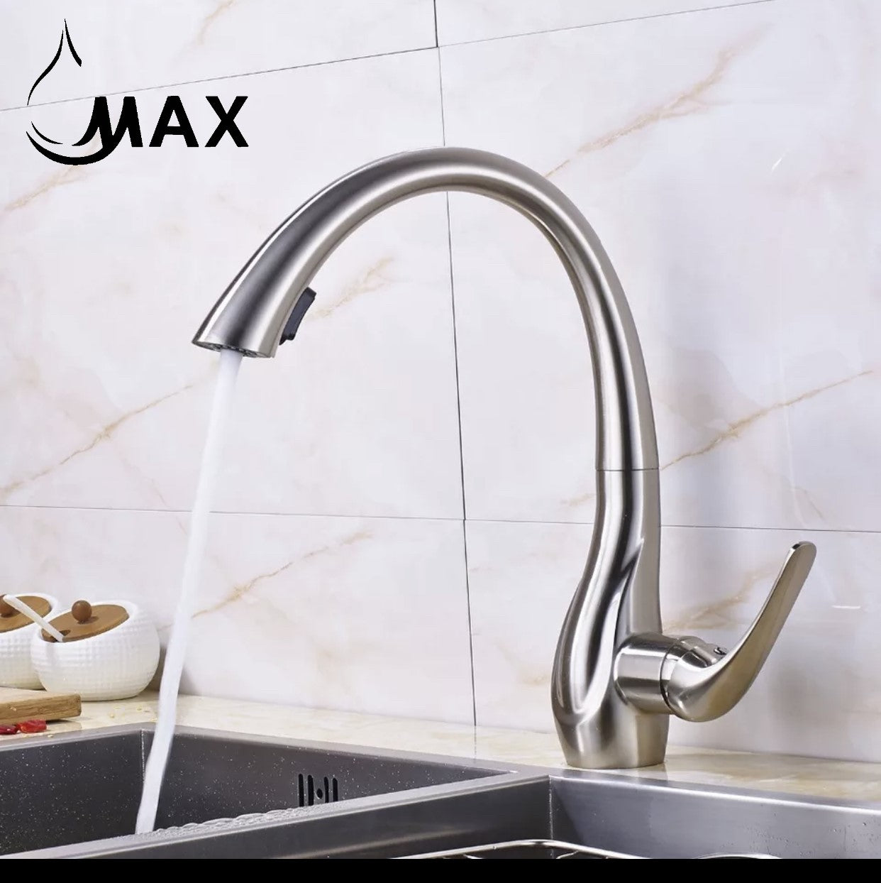 Gooseneck Kitchen Faucet Single Handle Pull-Out 14" Brushed Nickel Finish