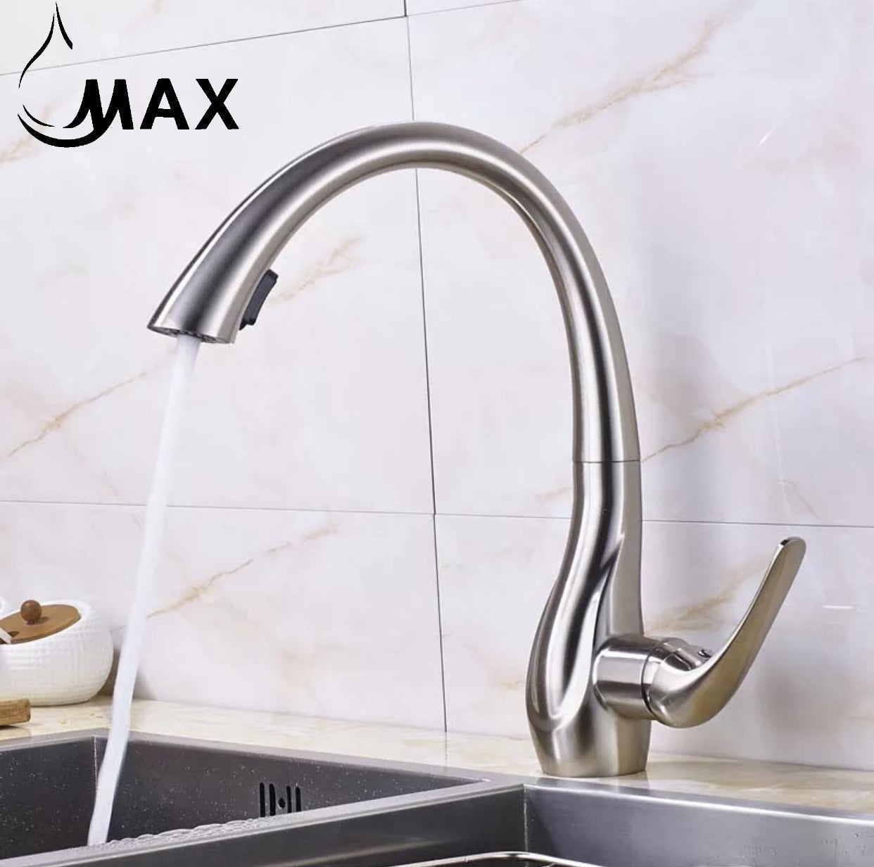 Gooseneck Kitchen Faucet Single Handle Pull-Out 14" Brushed Nickel Finish
