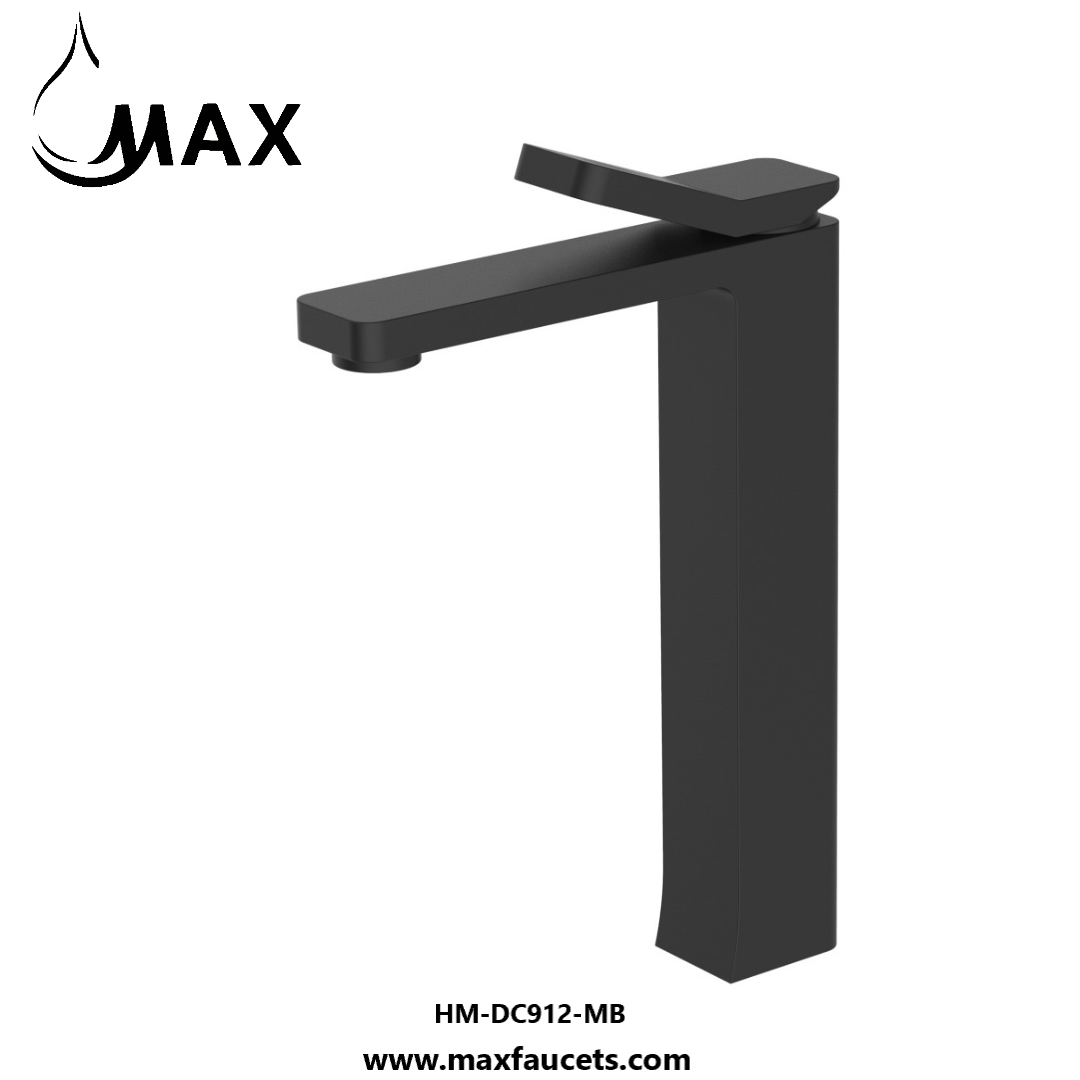 Vessel Long Spout Square Bathroom Faucet In Matte Black Finish