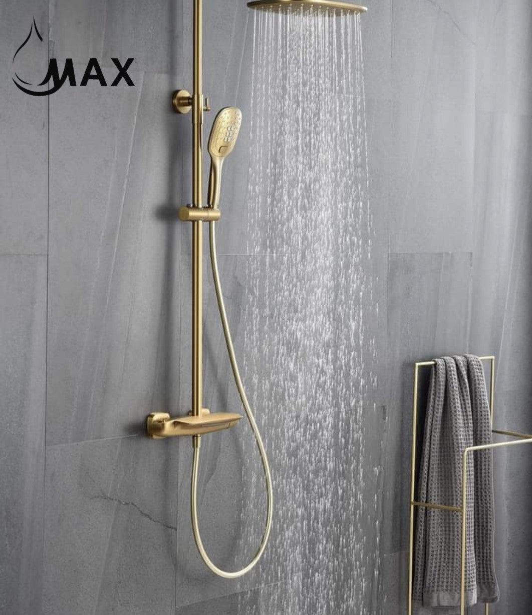 Thermostatic Shower System Waterfall Tub Rain Three Functions Brushed Gold Finish