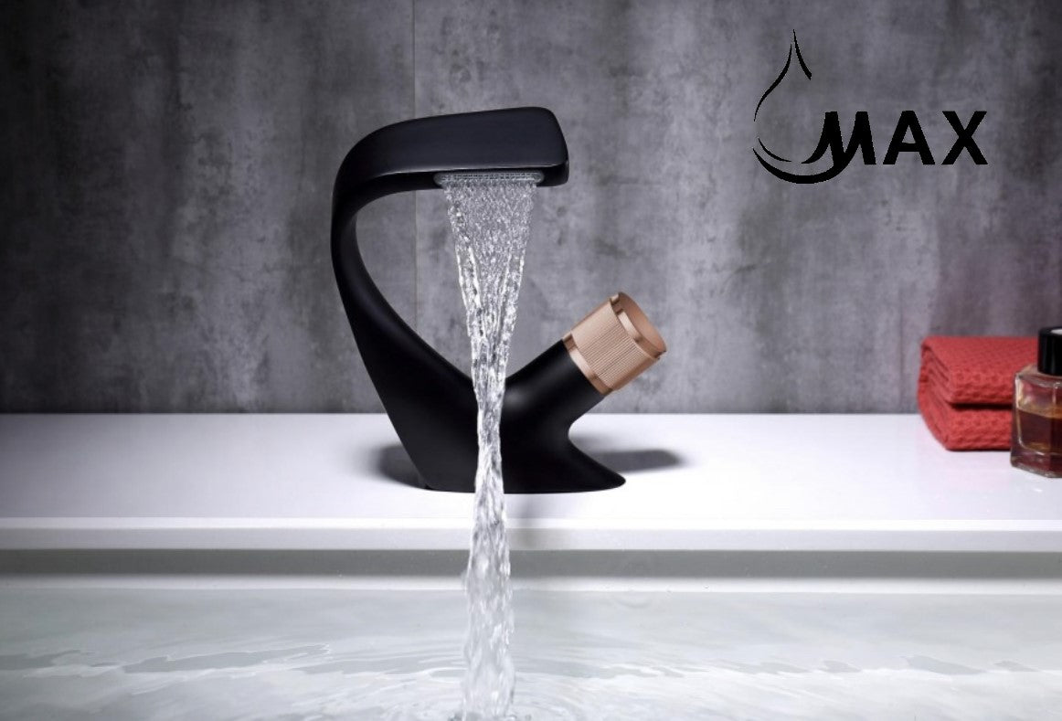 Waterfall Side Knob Contemporary Bathroom Faucet Matte Black/ Rose Gold Finish