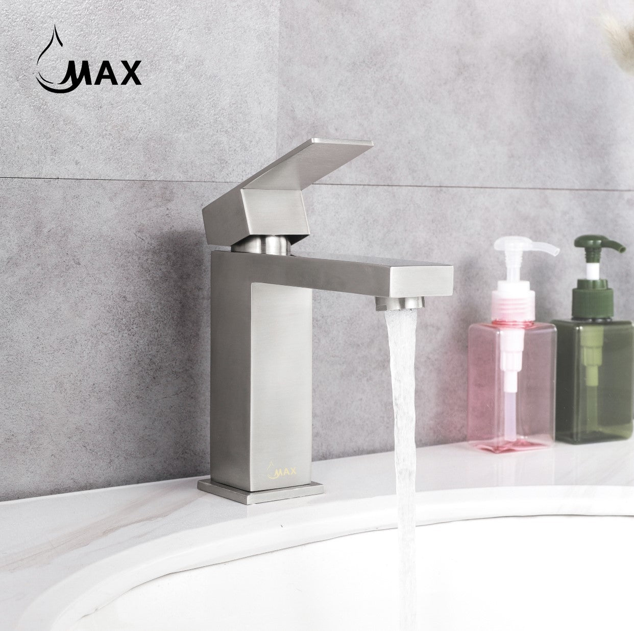 Bathroom Faucet Single Handle Slim Square Design Brushed Nickel Finish