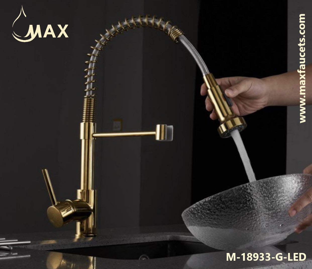 Pull-Down Spiral Flexible Kitchen Faucet 16.5'' With LED Light Shiny Gold Finish.