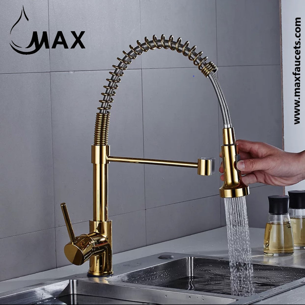 Pull-Down Spiral Flexible Kitchen Faucet 16.5'' With LED Light Shiny Gold Finish.