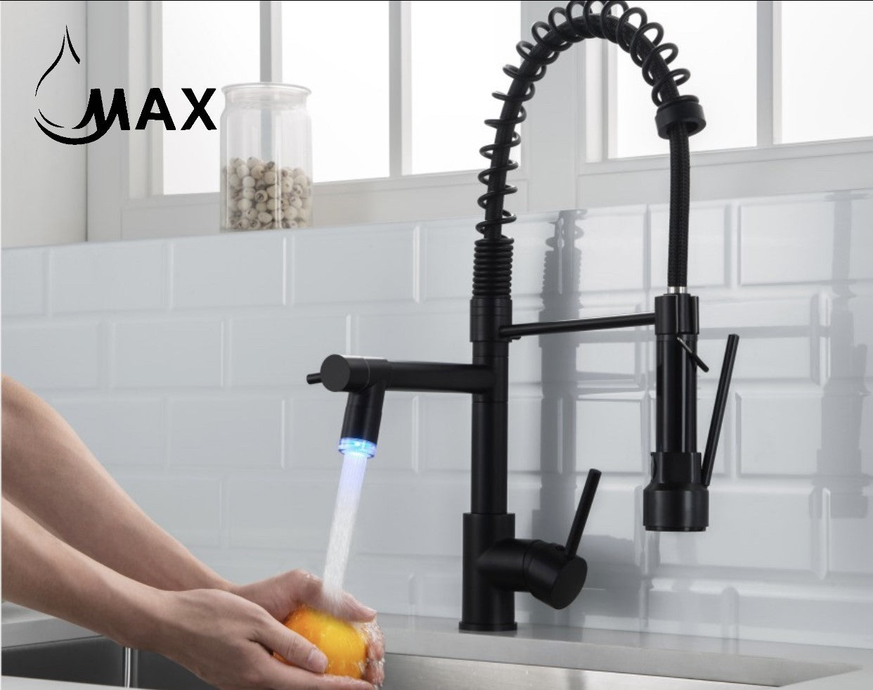 Pull-Down Flexible Kitchen Faucet With Separate Pot Filler Spout and LED Light 19" Matte Black Finish