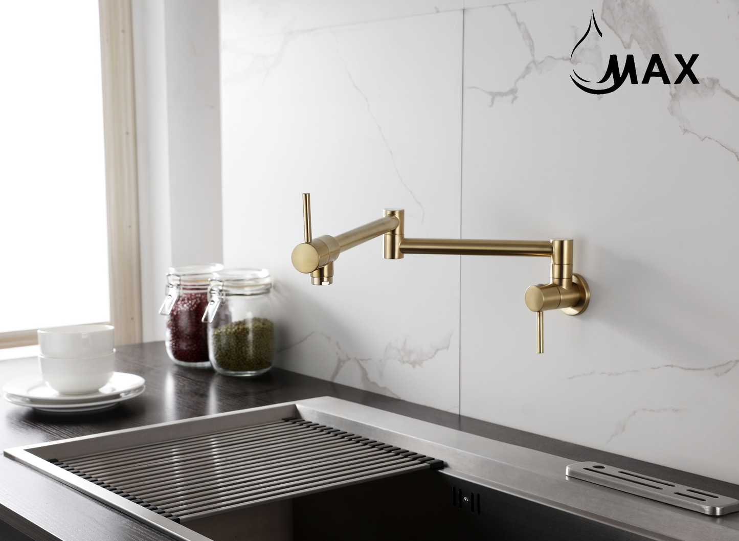 Pot Filler Faucet Double Handle Modern Contemporary Wall Mounted 20" With Accessories Brushed Gold Finish