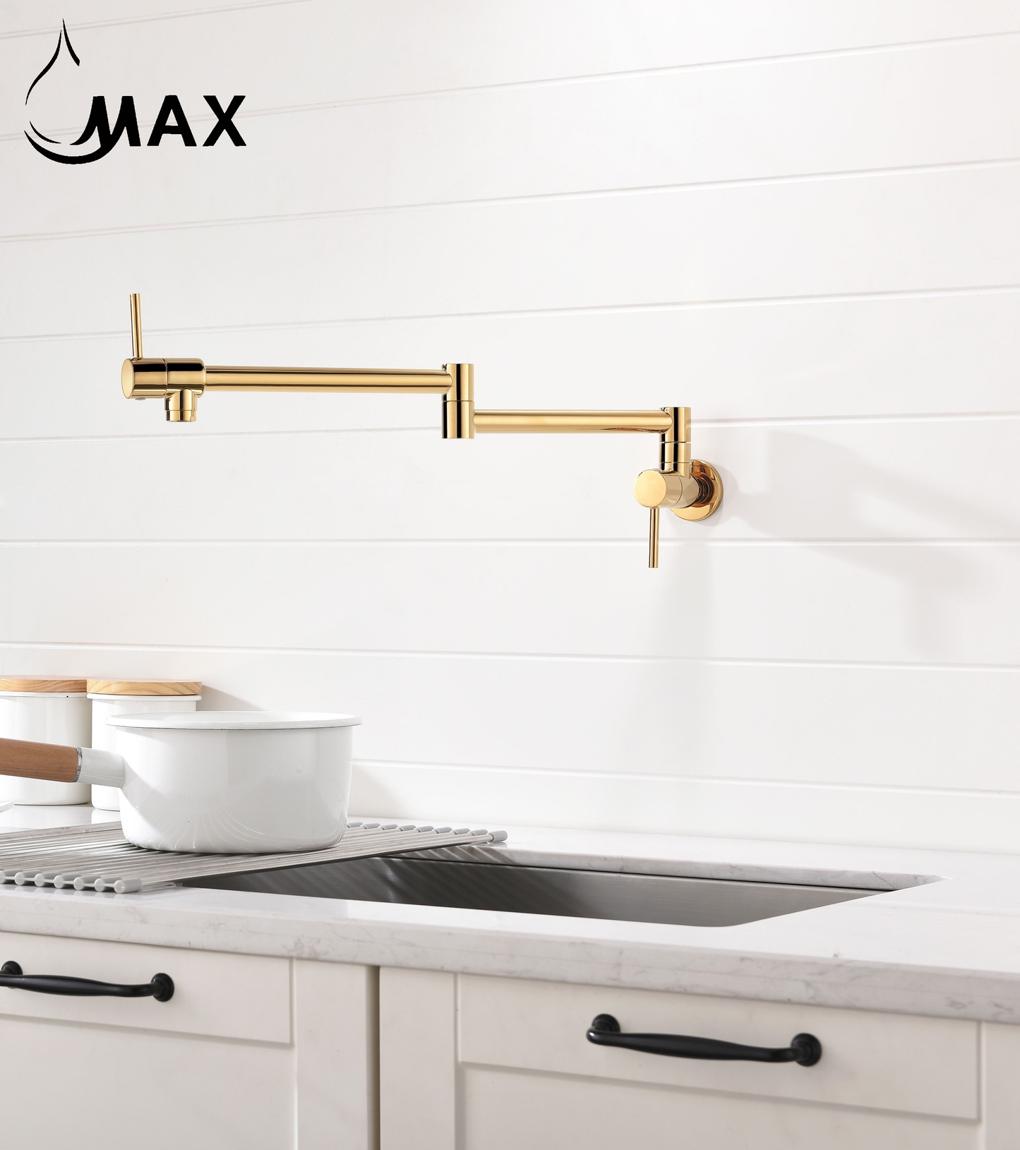 Pot Filler Faucet Double Handle Modern Contemporary Wall Mounted 20" With Accessories Shiny Gold Finish
