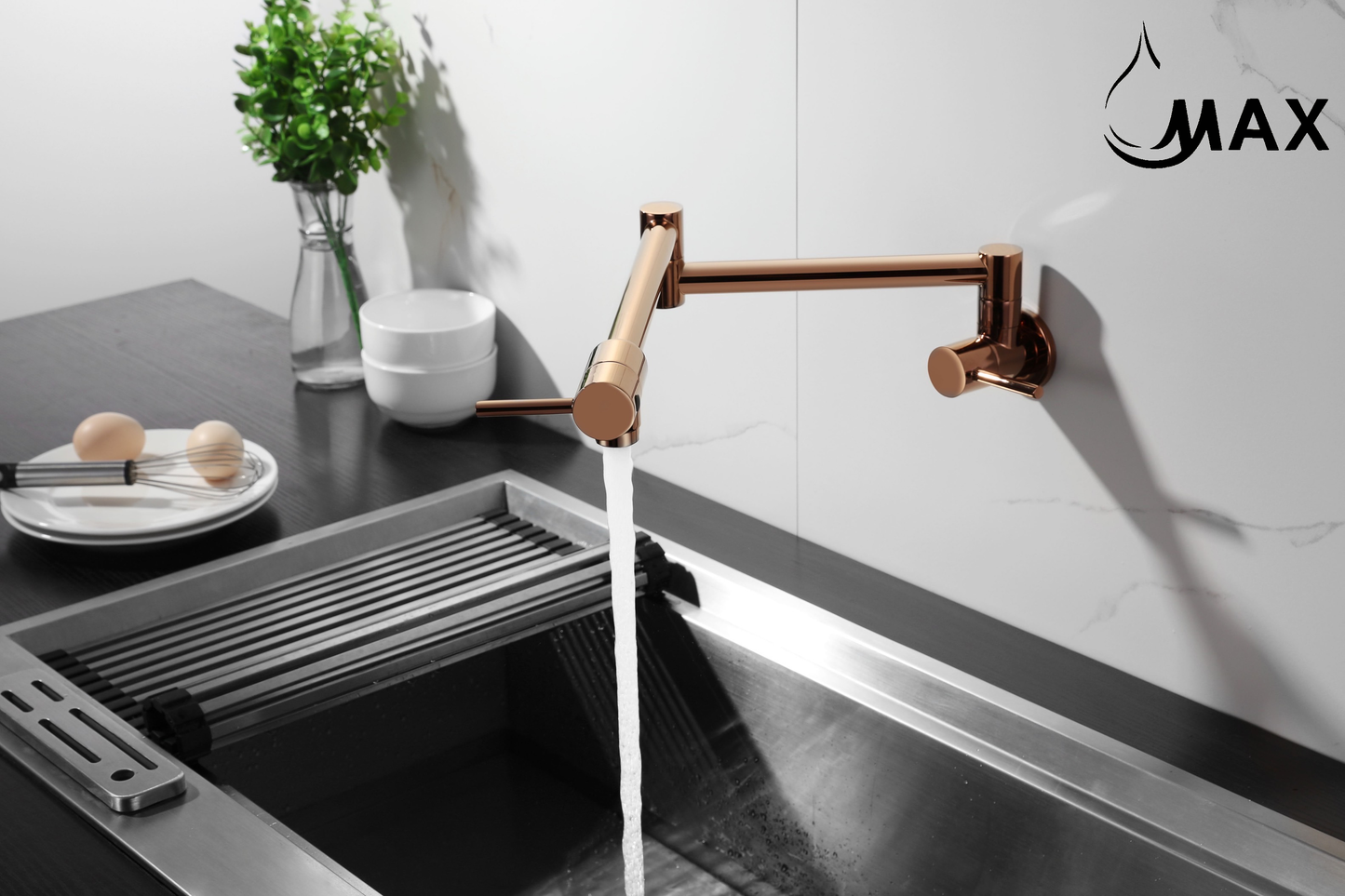 Pot Filler Faucet Double Handle Modern Contemporary Wall Mounted 20" With Accessories Rose Gold Finish