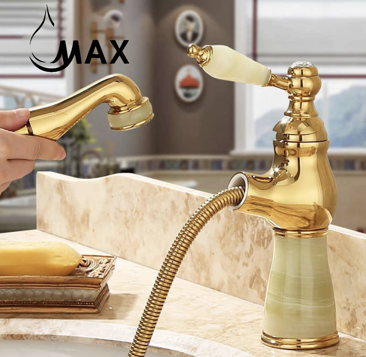 Single Handle Pull-Out Bathroom Faucet Gold, Marble Finish