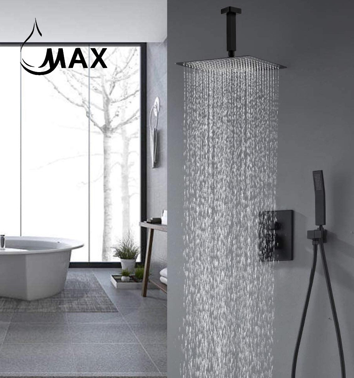 Ceiling Square Shower System Two Functions With Valve Matte Black