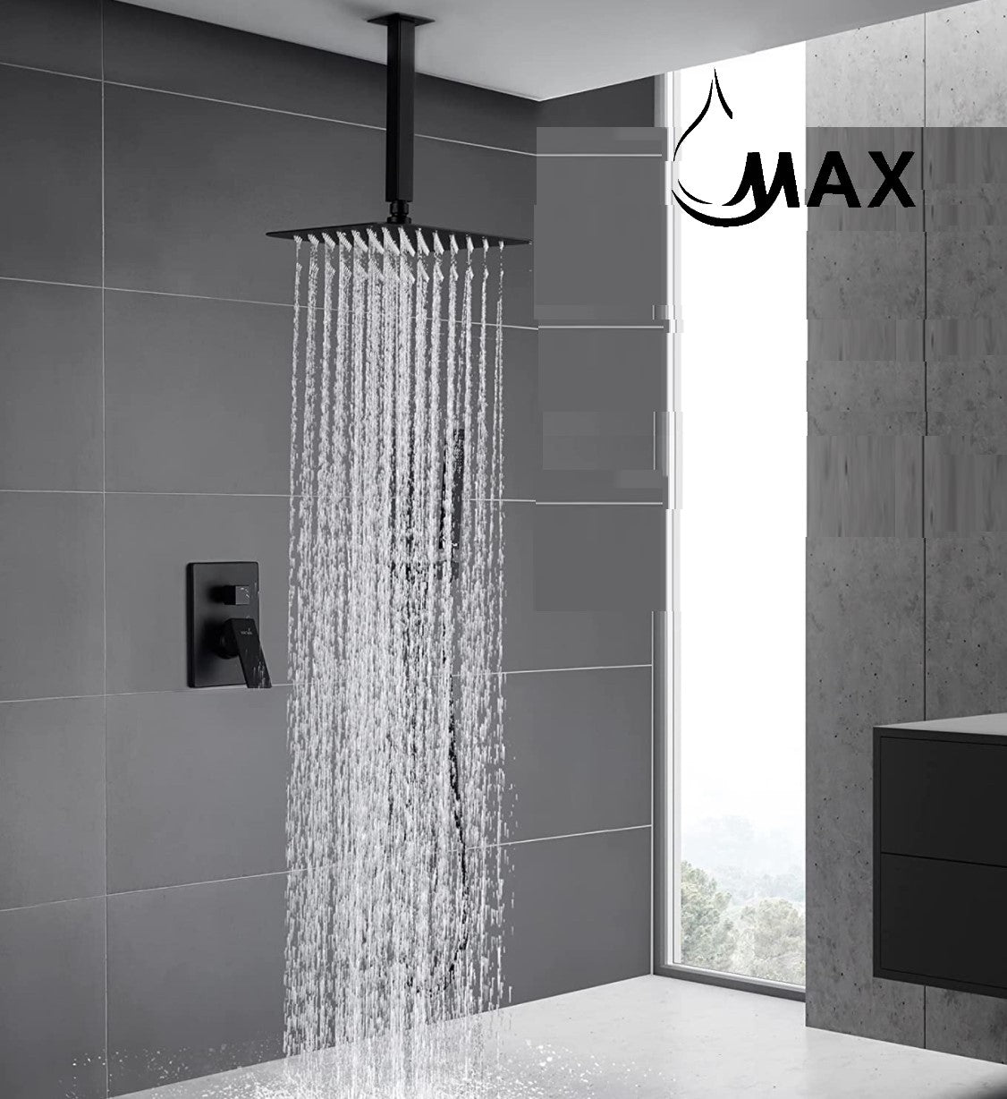 Ceiling Square Shower System Two Functions With Valve Matte Black