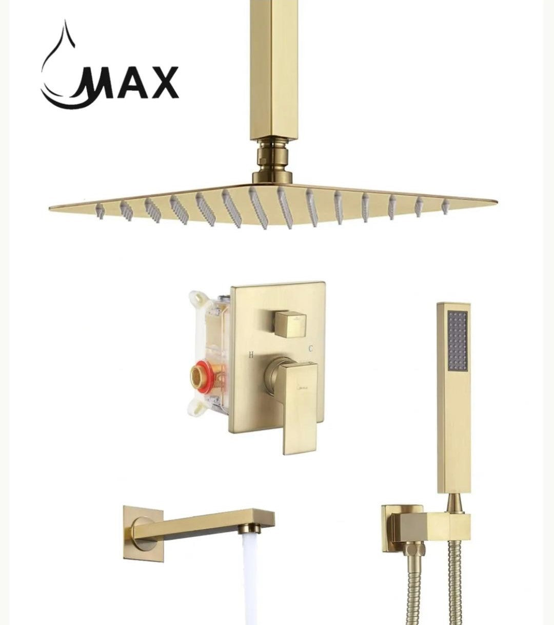 Ceiling Tub Shower System Three Functions With Valve Brushed Gold