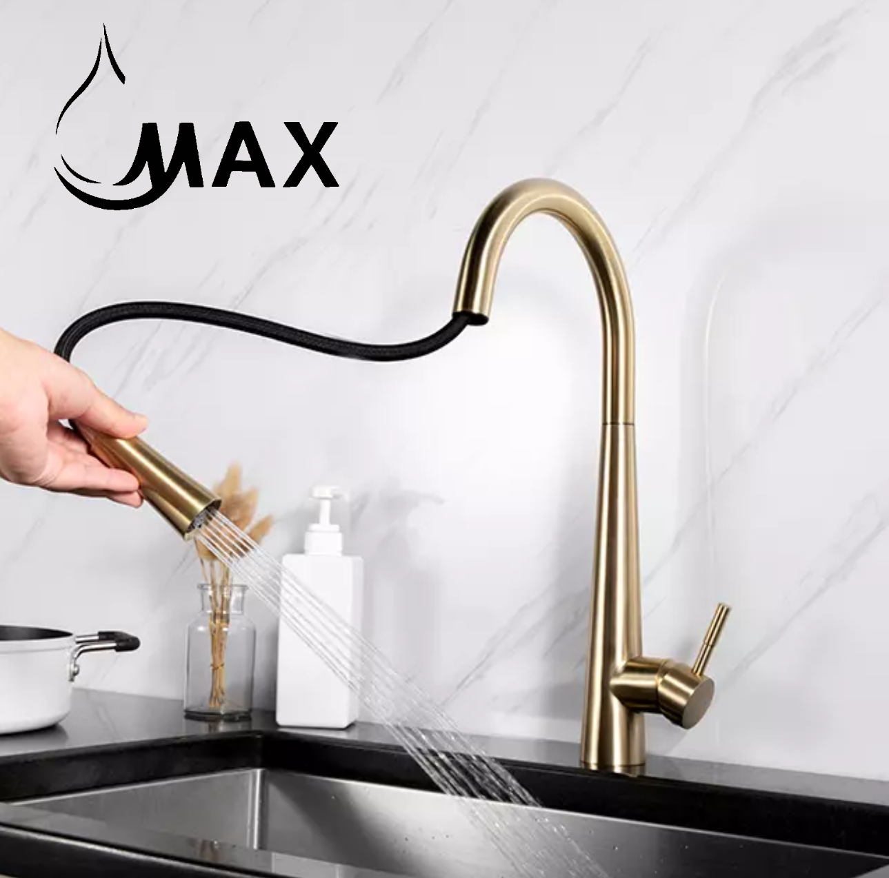 Smart Touch Kitchen Faucet Single Handle Pull-Out 18" Brushed Gold Finish