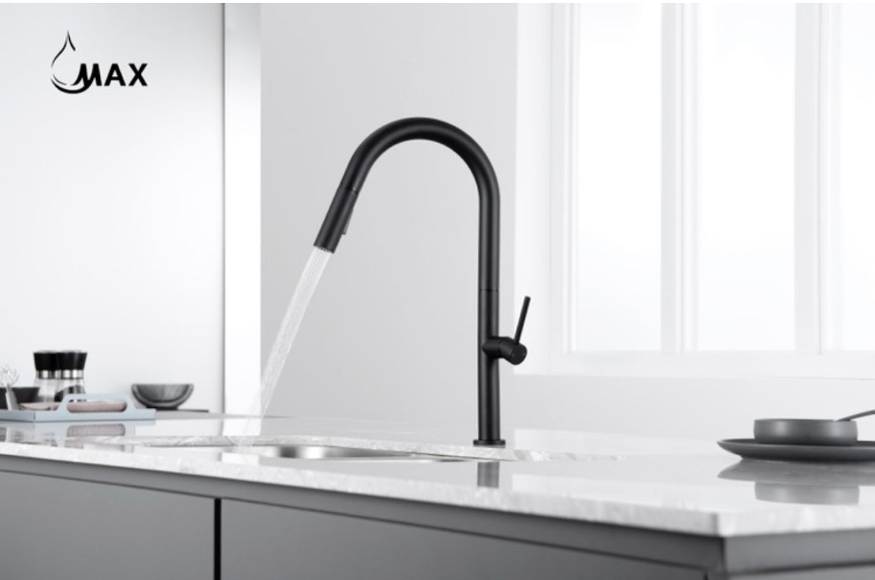 Contemporary Round Pull-Out Kitchen Faucet 17" Matte Black Finish