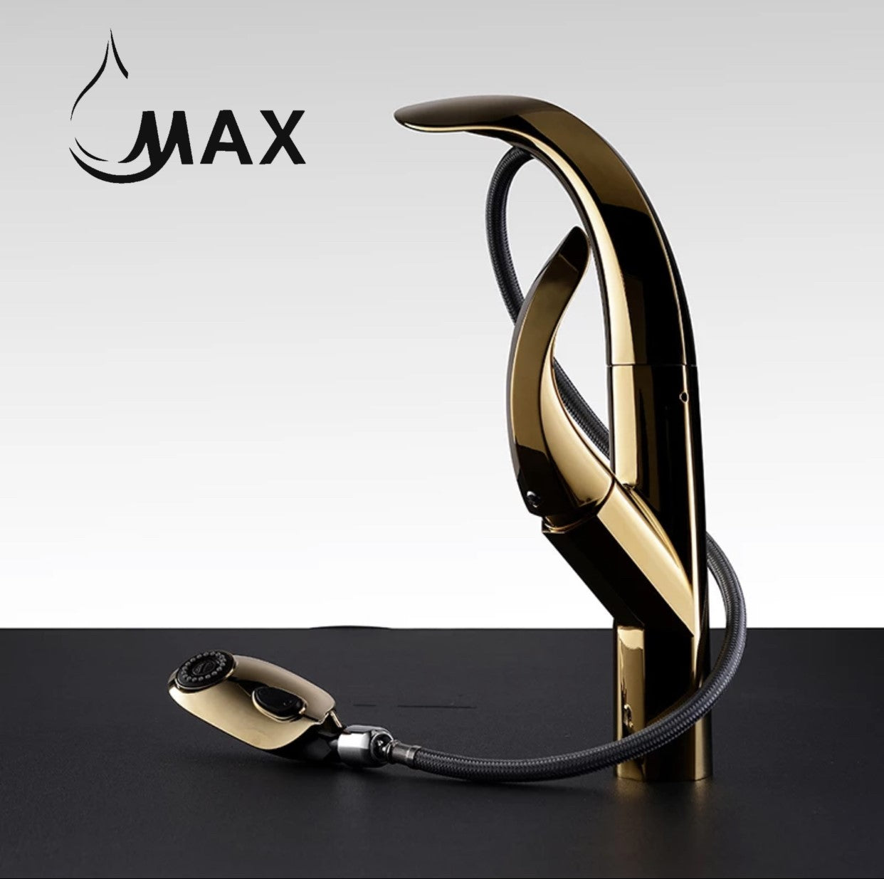 Pull-Out Kitchen Faucet High-Arc Single Handle 14.5" Shiny Gold Finish