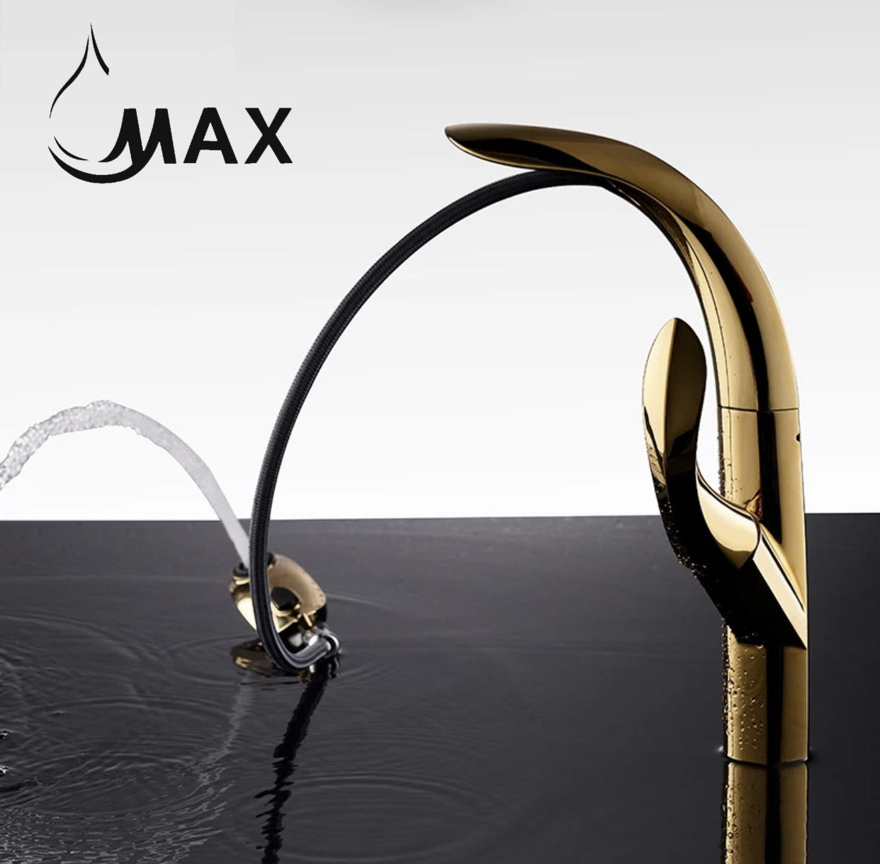 Pull-Out Kitchen Faucet High-Arc Single Handle 14.5" Shiny Gold Finish