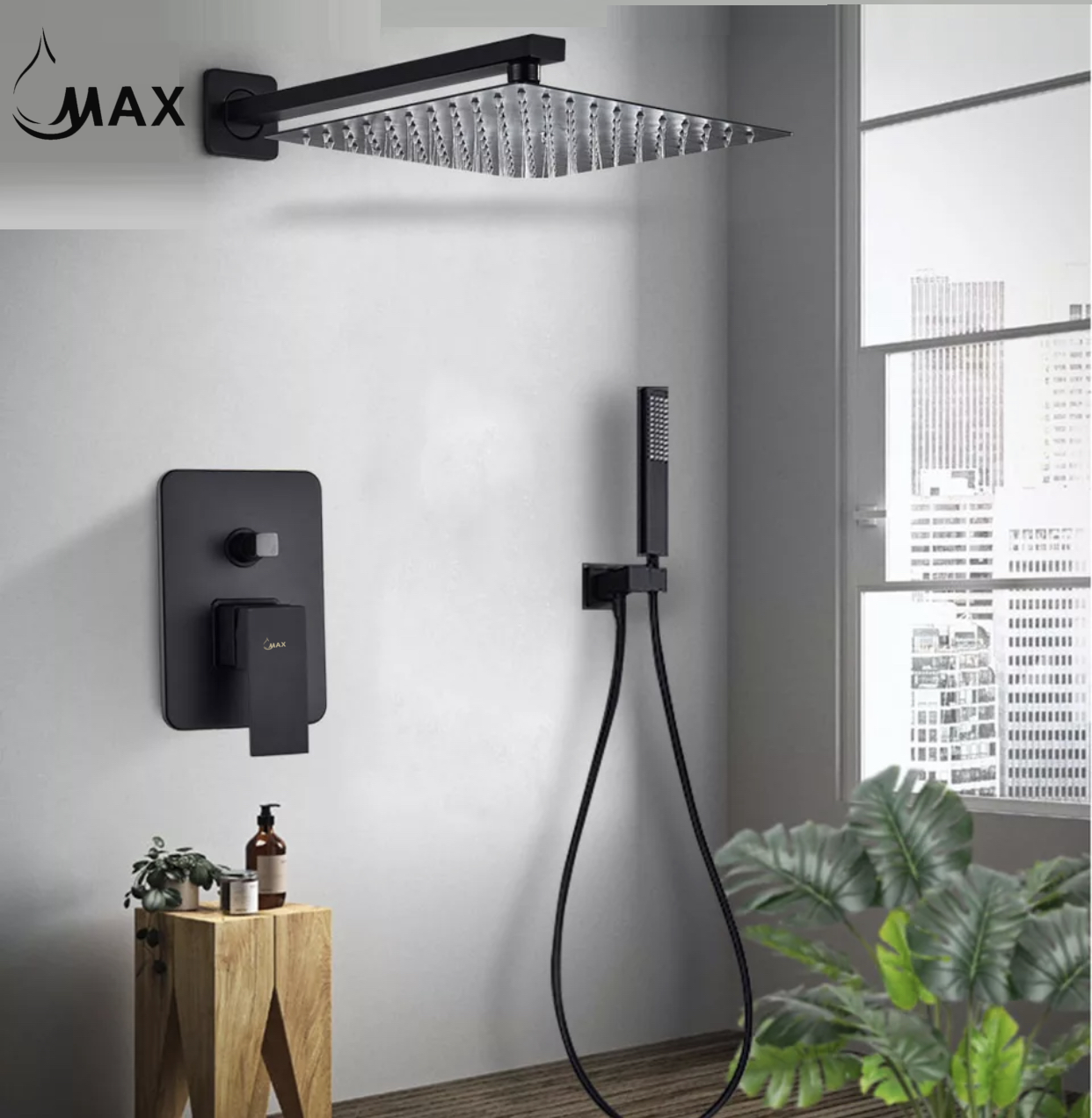 Square Shower System Two Functions With Valve Matte Black Finish