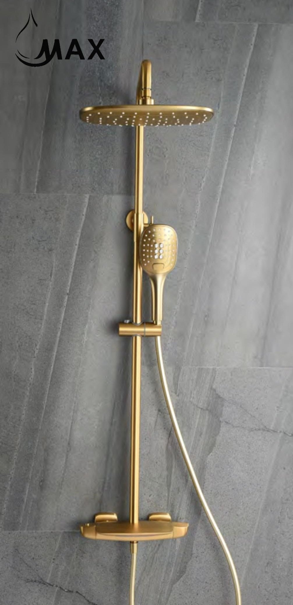 Thermostatic Shower System Waterfall Tub Rain Three Functions Brushed Gold Finish