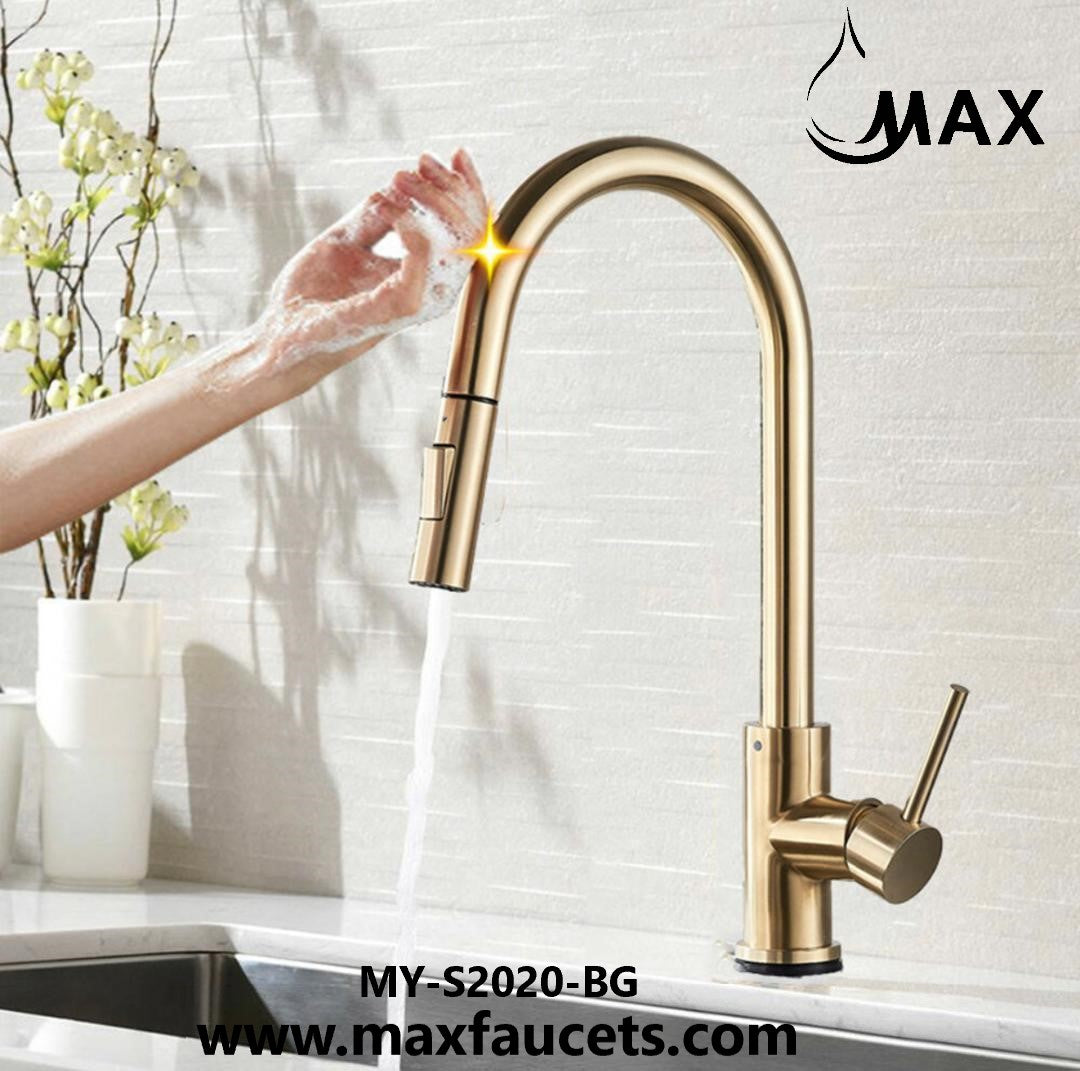 Smart Touch Kitchen Faucet Single Handle Pull-Out Brushed Gold Finish.