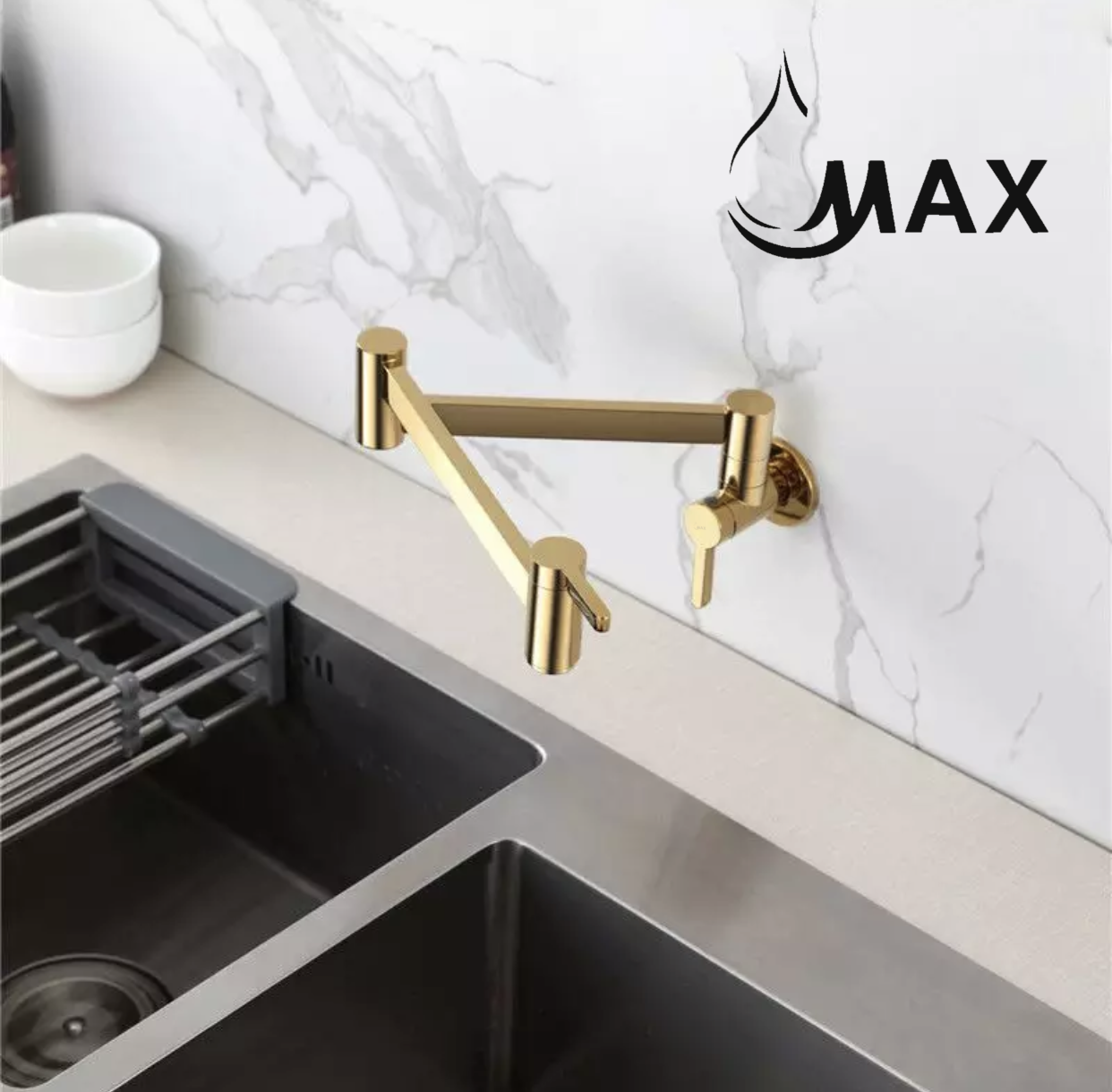Pot Filler Faucet Double Handle Classic Wall Mounted 20" With Accessories Shiny Gold Finish