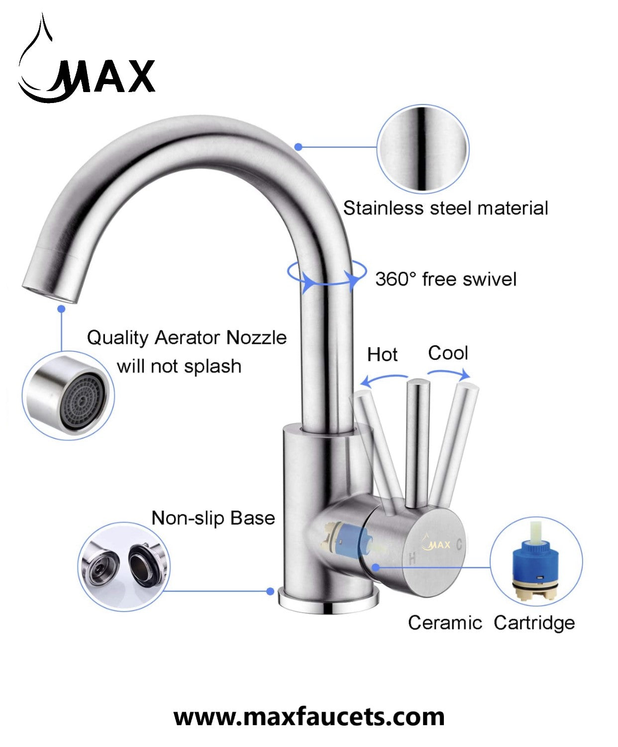 Side Handle Swivel Bathroom Faucet Brushed Nickel Finish