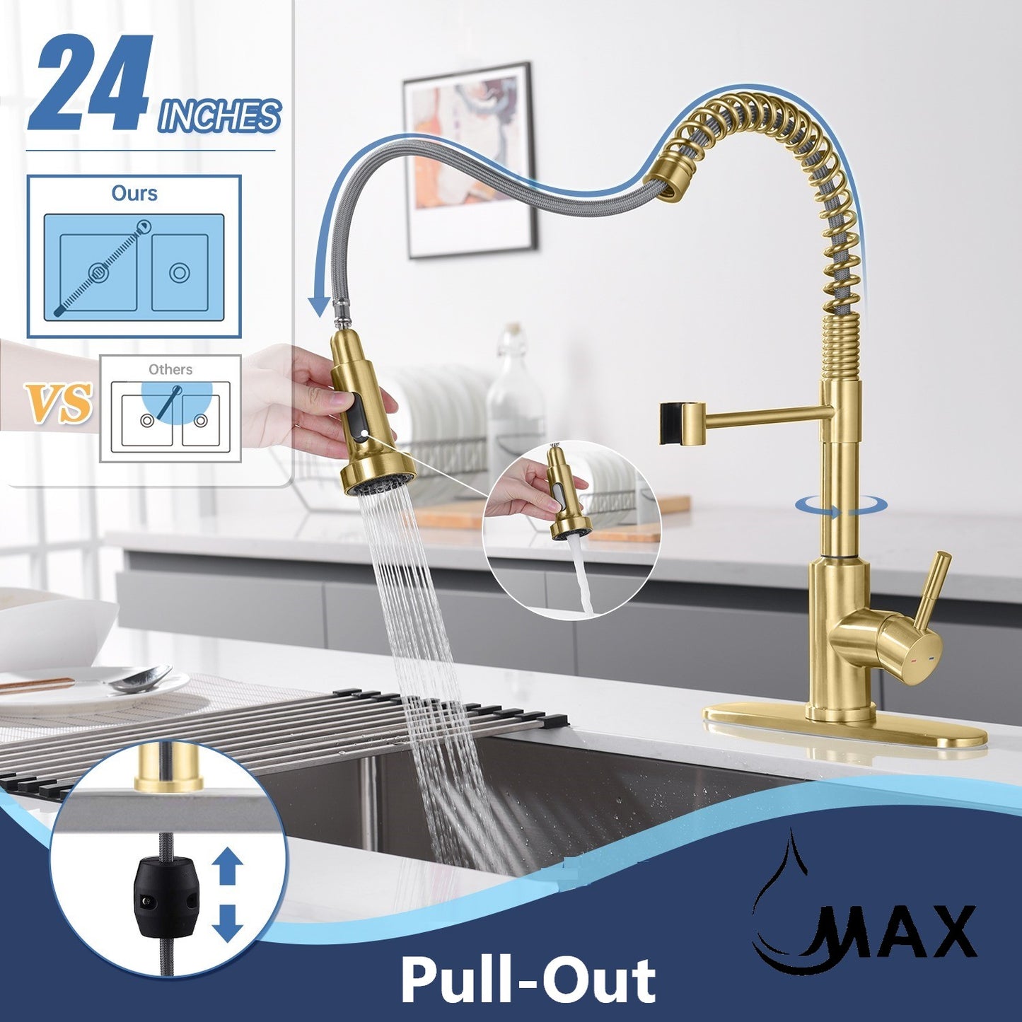 Kitchen Faucet Chef Style Pull-Out Spiral Flexible 16" Brushed Gold Finish