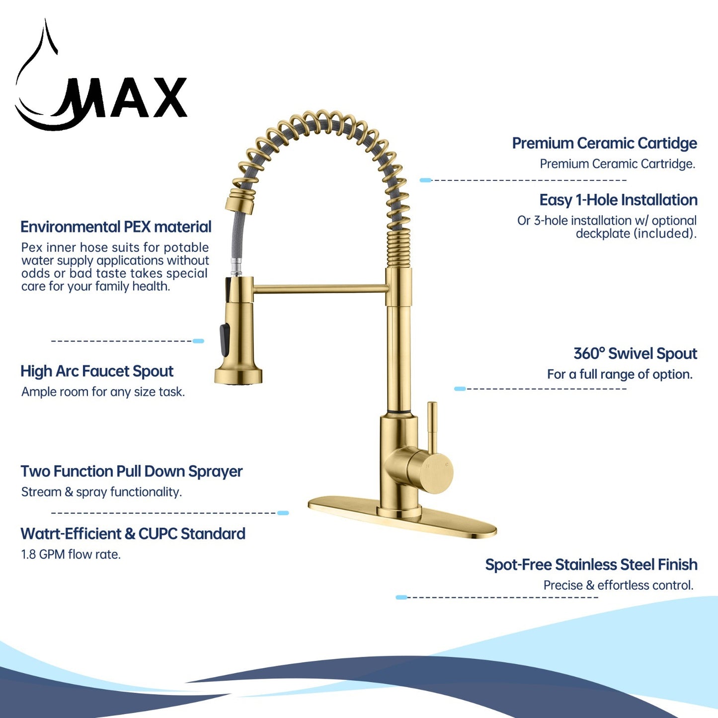 Kitchen Faucet Chef Style Pull-Out Spiral Flexible 16" Brushed Gold Finish