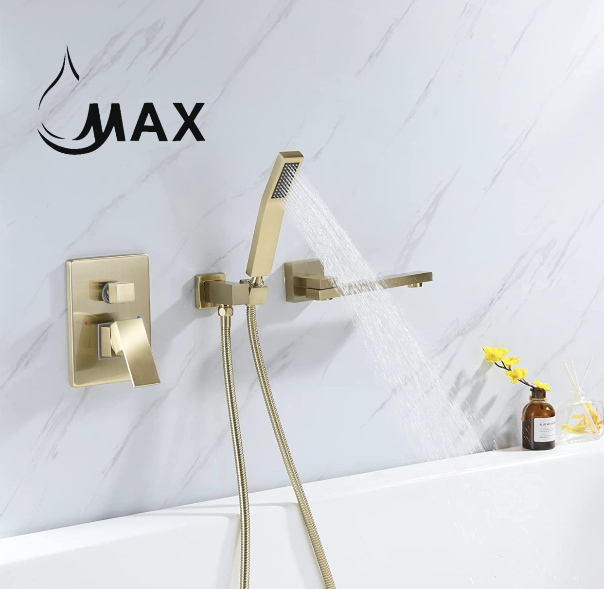 Single Handle Wall Mounted Roman Tub With Hand Shower Brushed Gold Finish