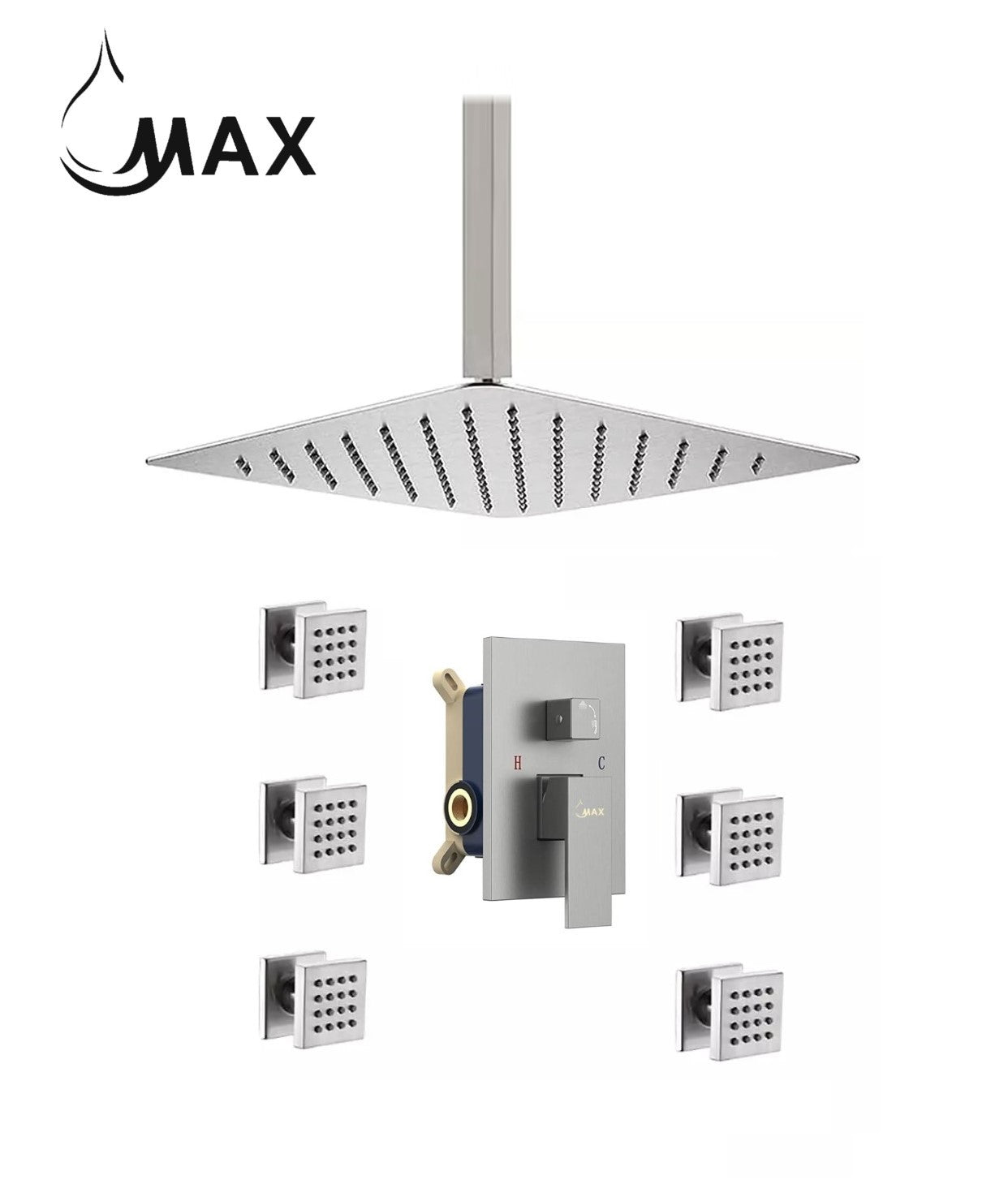Ceiling Shower System Set Two Functions With 6 Body Jets Brushed Nickel Finish