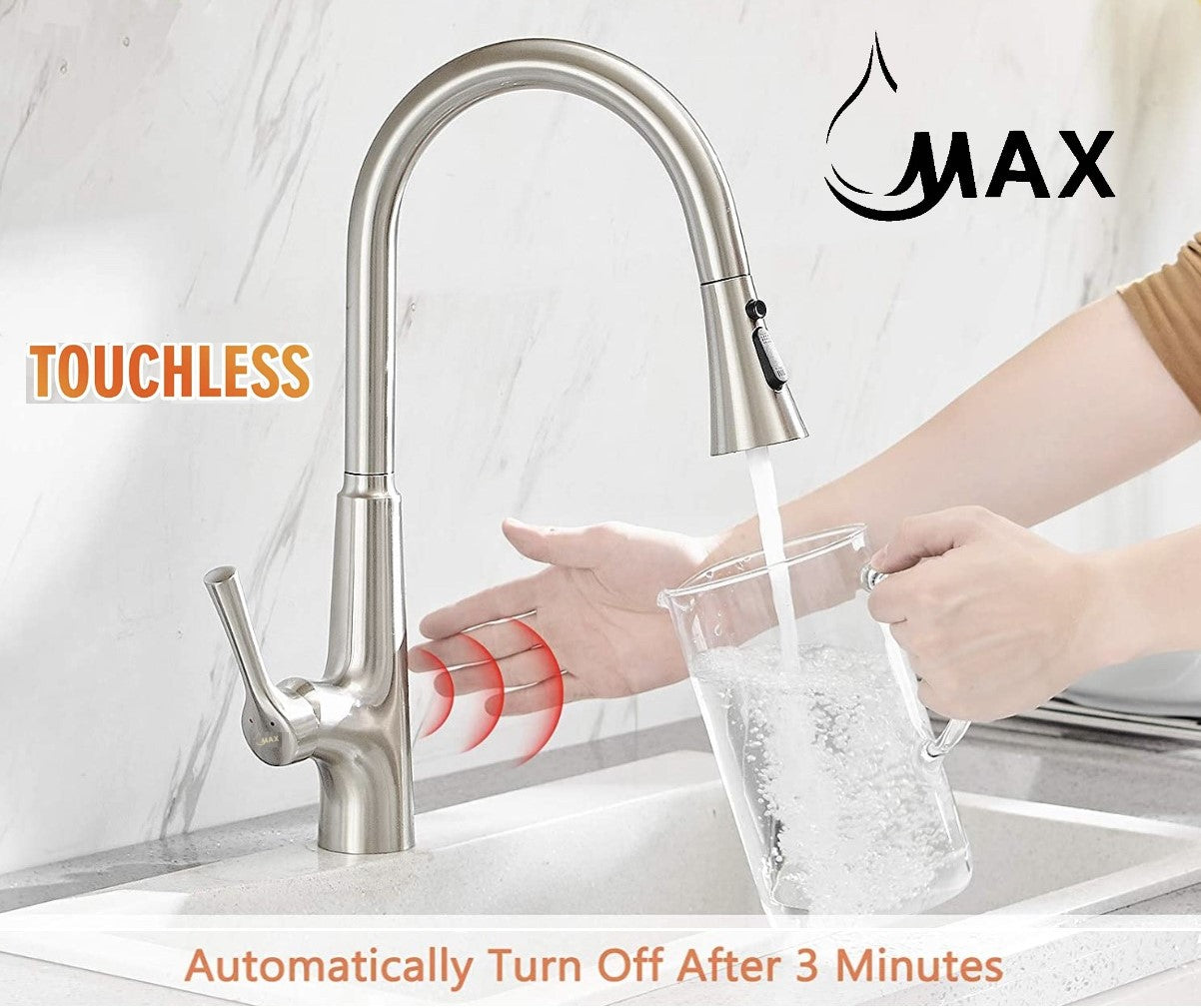 Smart Touchless Kitchen Faucet Single Handle Pull-Out 18" Sleekly Classic Brushed Nickel Finish