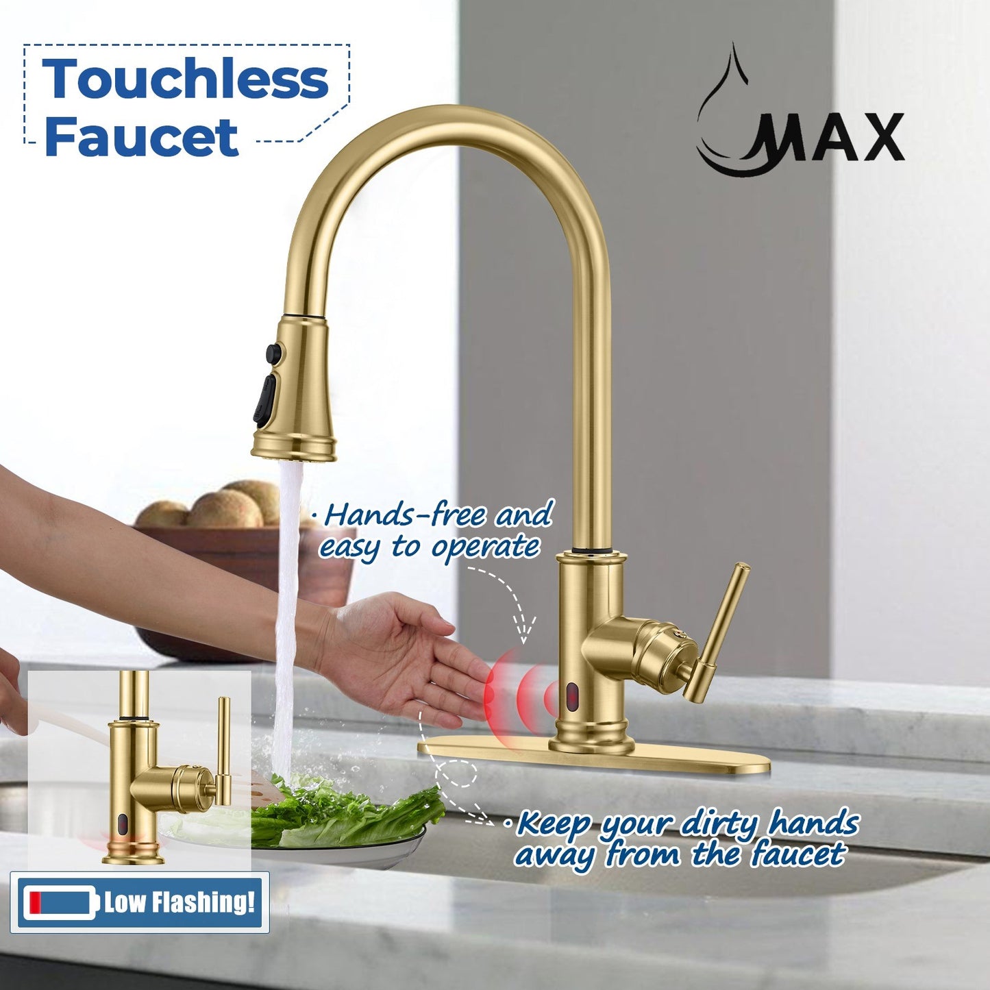 Pullout Kitchen Faucet Smart Touch And Touch-Less Single Handle Brushed Gold Finish.