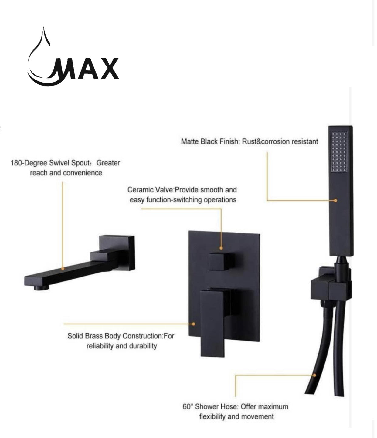 Single Handle Wall Mounted Roman Tub With Hand Shower Matte Black Finish