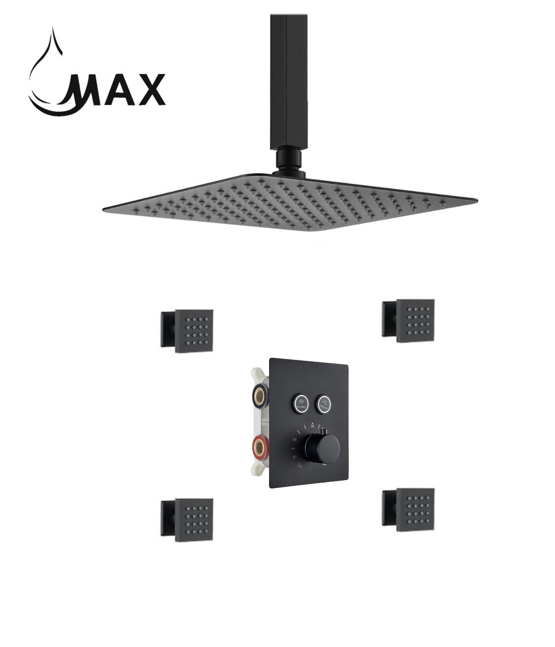 Ceiling Thermostatic Shower System Two Function With 4 Body Jets and Valve Matte Black