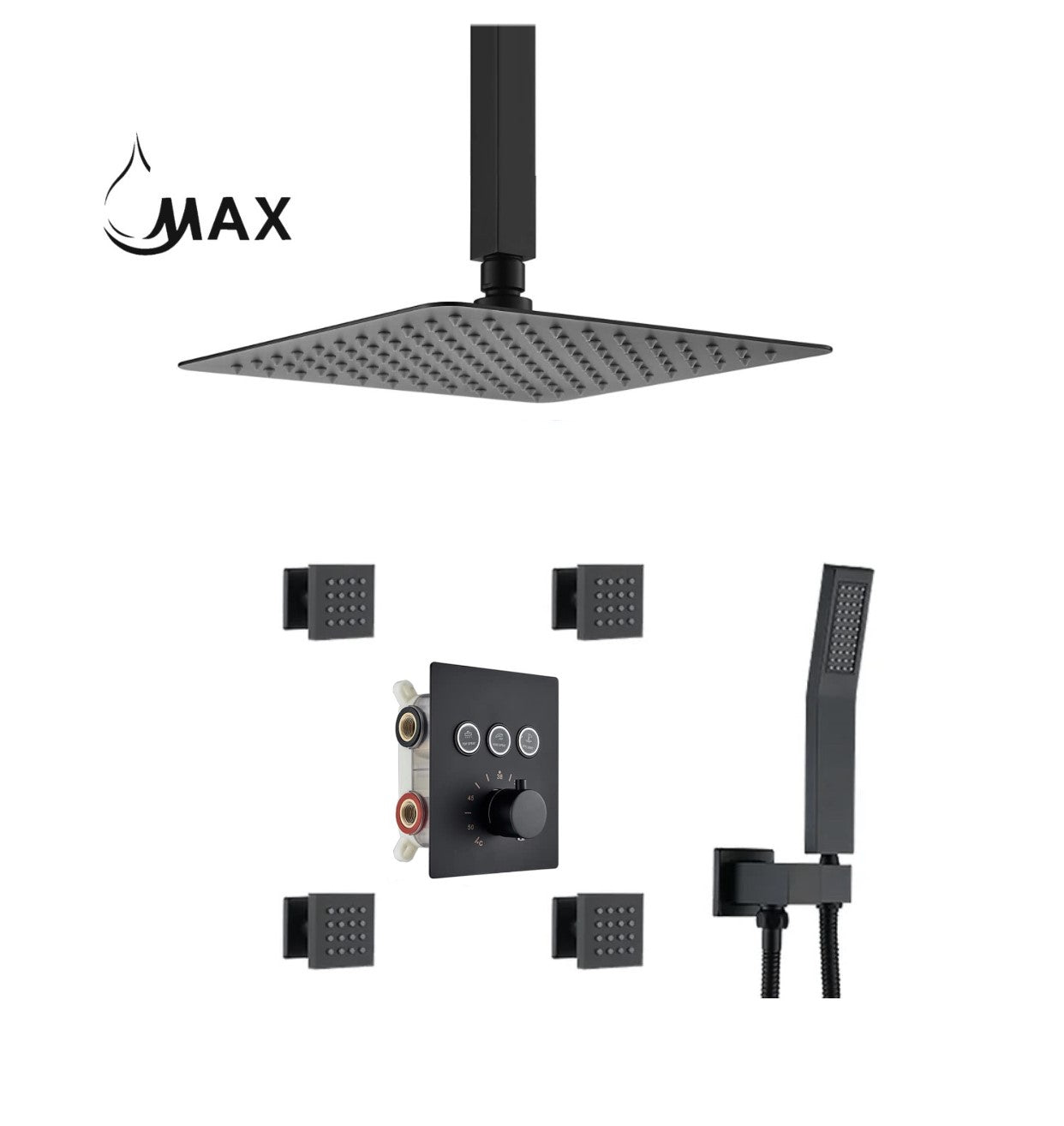 Ceiling Thermostatic Shower System Three Function Handheld With 4 Body Jets and Valve Matte Black Finish