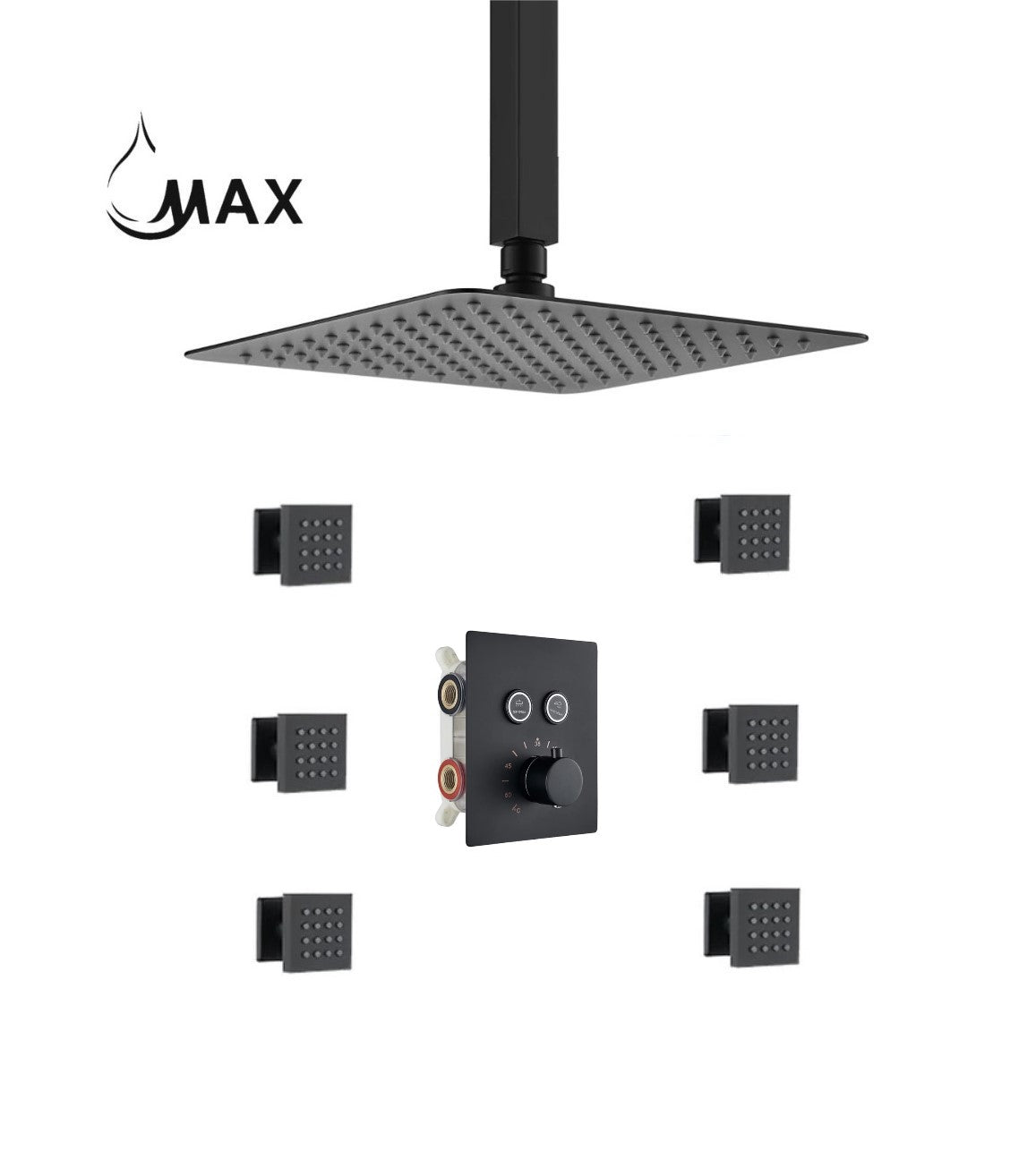 Ceiling Thermostatic Shower System Two Function With 6 Body Jets and Valve Matte Black Finis