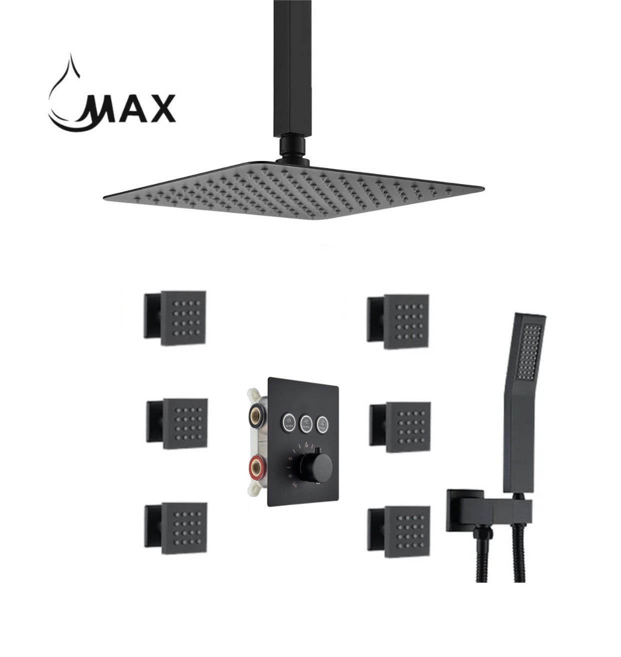Ceiling Thermostatic Shower System Three Function Handheld With 6 Body Jets and Valve Matte Black Finish