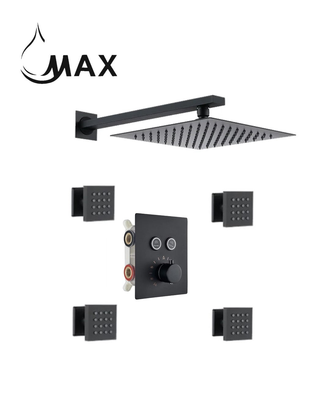 Thermostatic Shower System Two Function With 4 Body Jets and Valve Matte Black Finish
