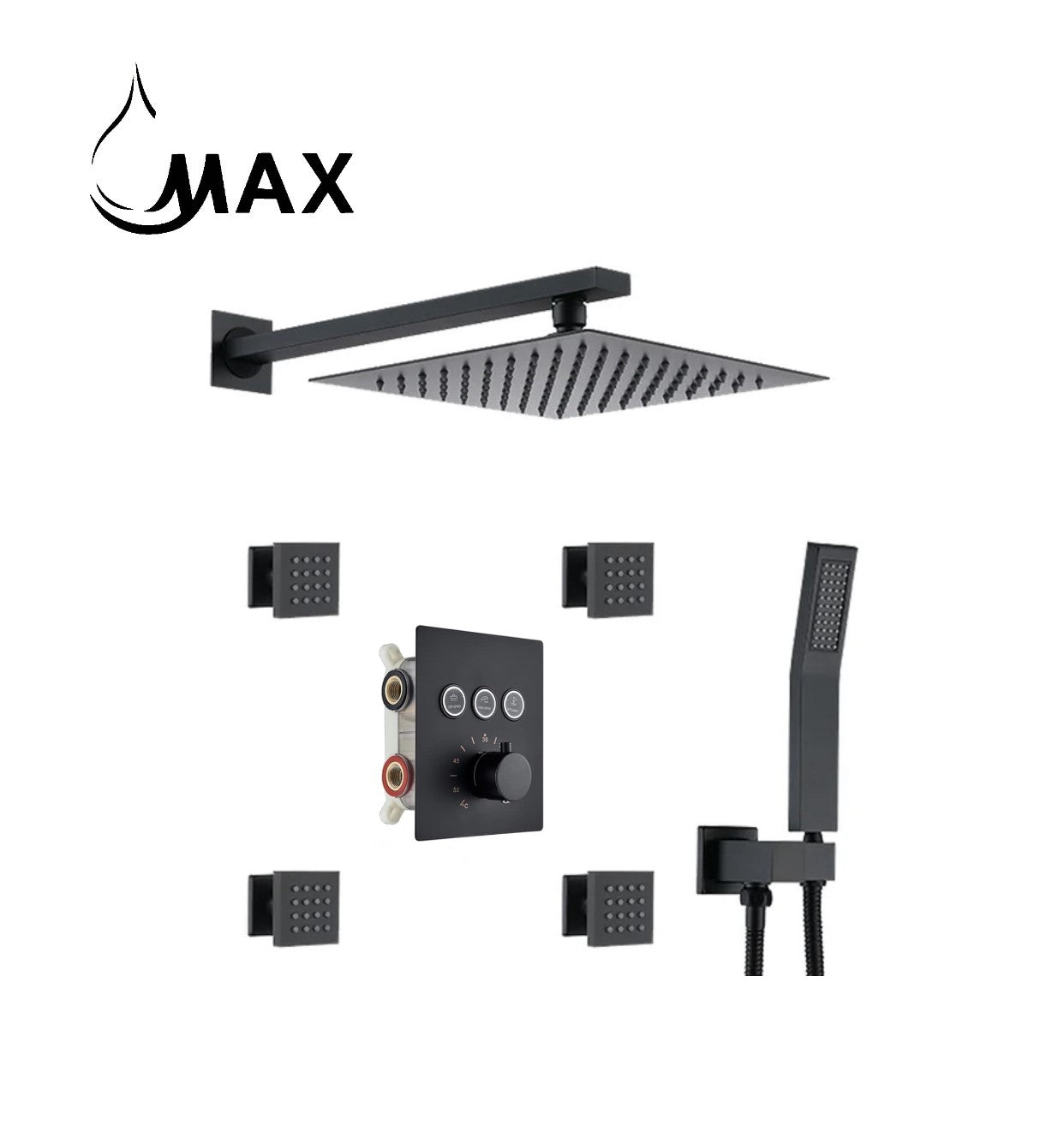 Thermostatic Shower System Three Function Handheld With 4 Body Jets and Valve Matte Black Finish